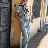 French Muse Jumpsuit - features classic denim wash and all in one style