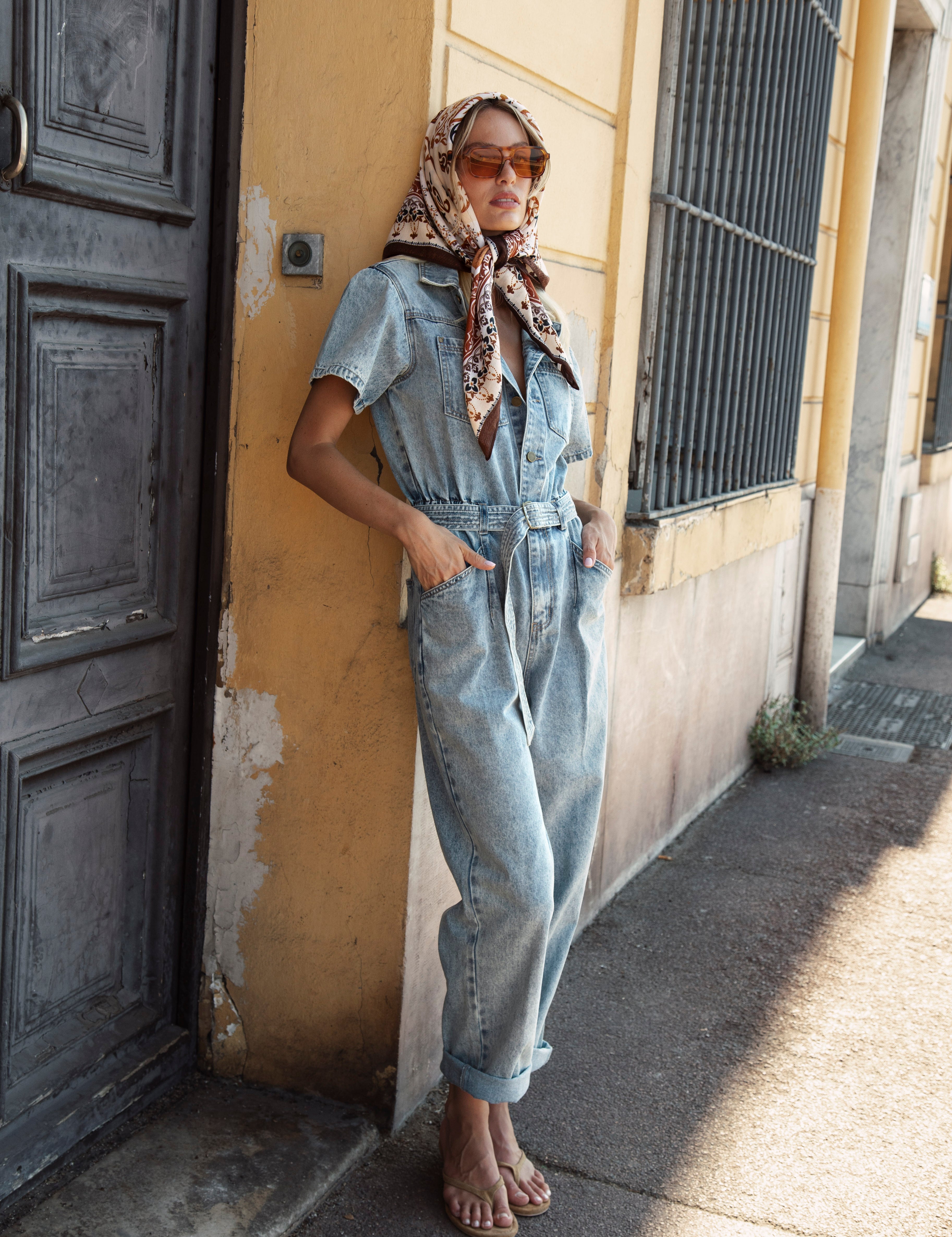 French Muse Jumpsuit - features classic denim wash and all in one style