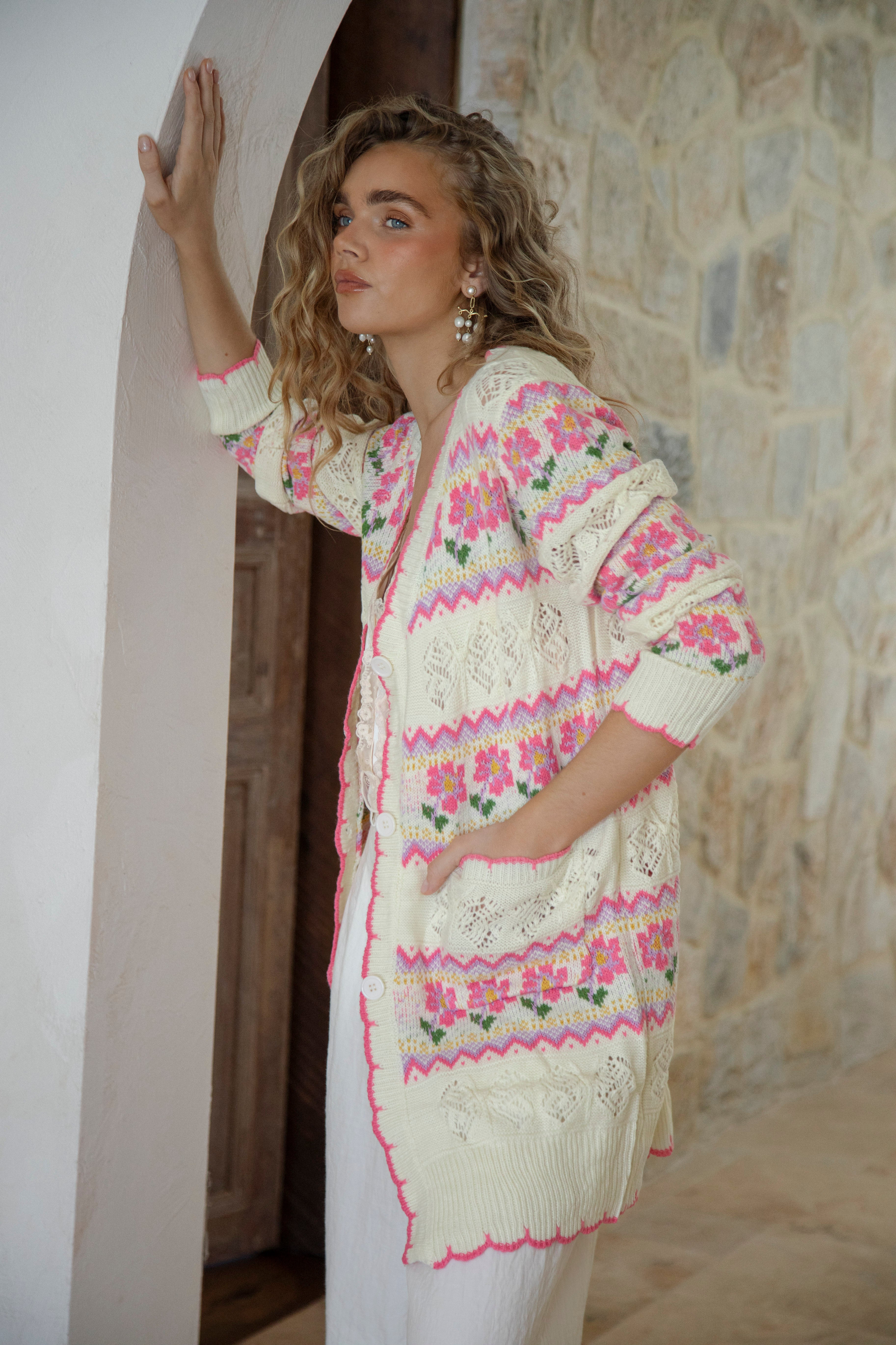 Freya Cardigan Cream Floral - features a delicate knit, longline style and floral pattern