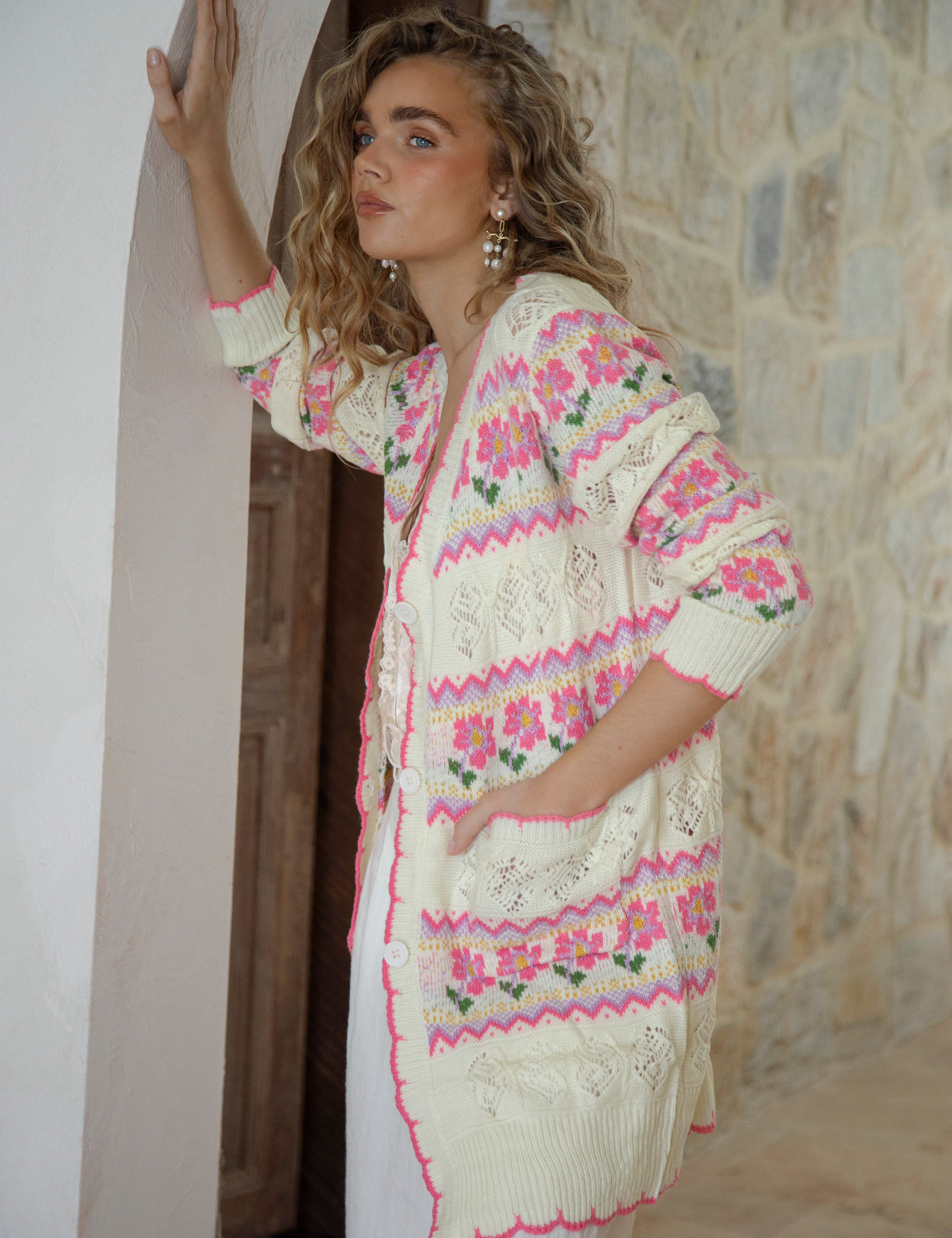 Freya Cardigan Cream Floral - features a delicate knit, longline style and floral pattern