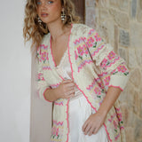 Freya Cardigan Cream Floral - longline cream cardigan with floral pattern in knit