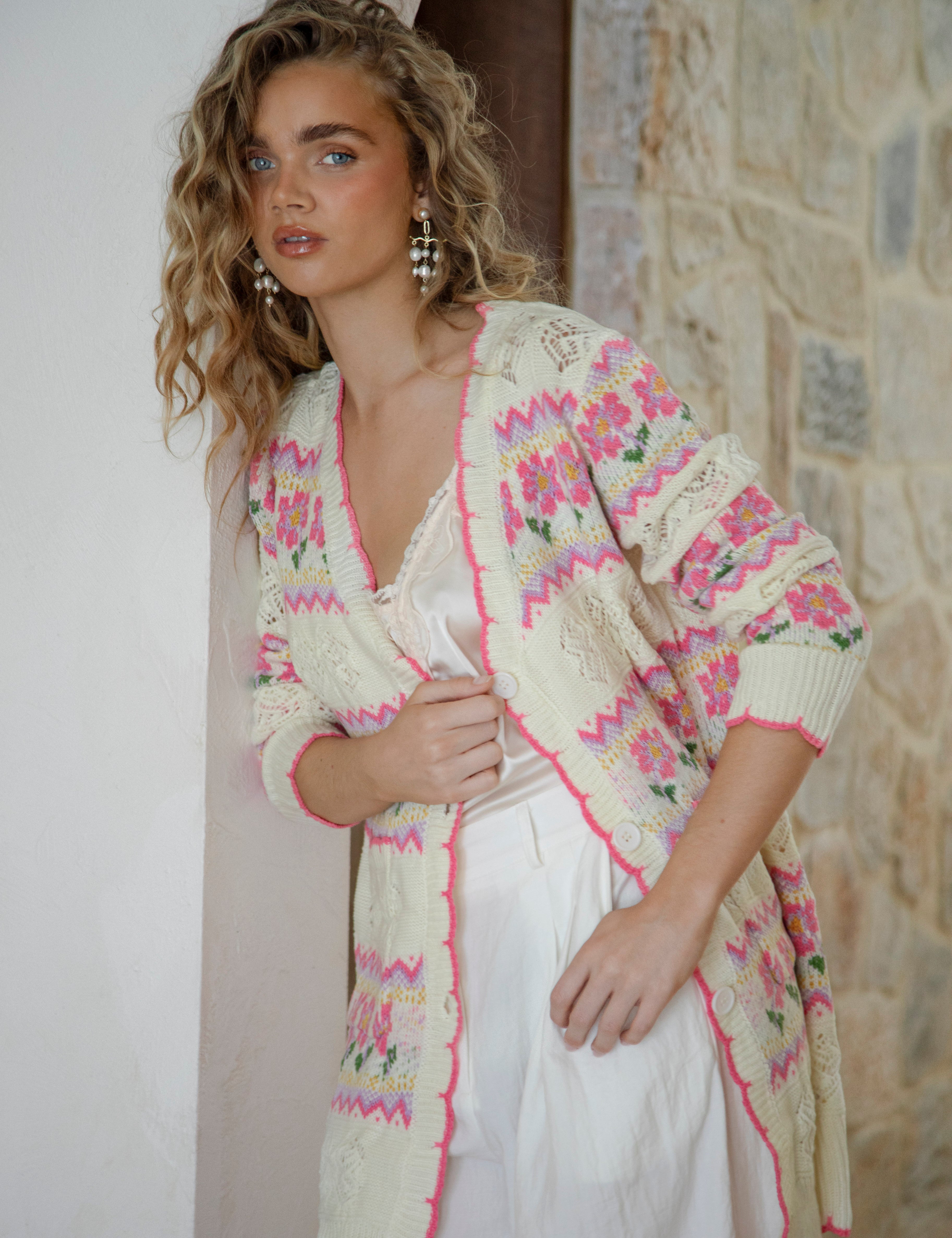 Freya Cardigan Cream Floral - longline cream cardigan with floral pattern in knit