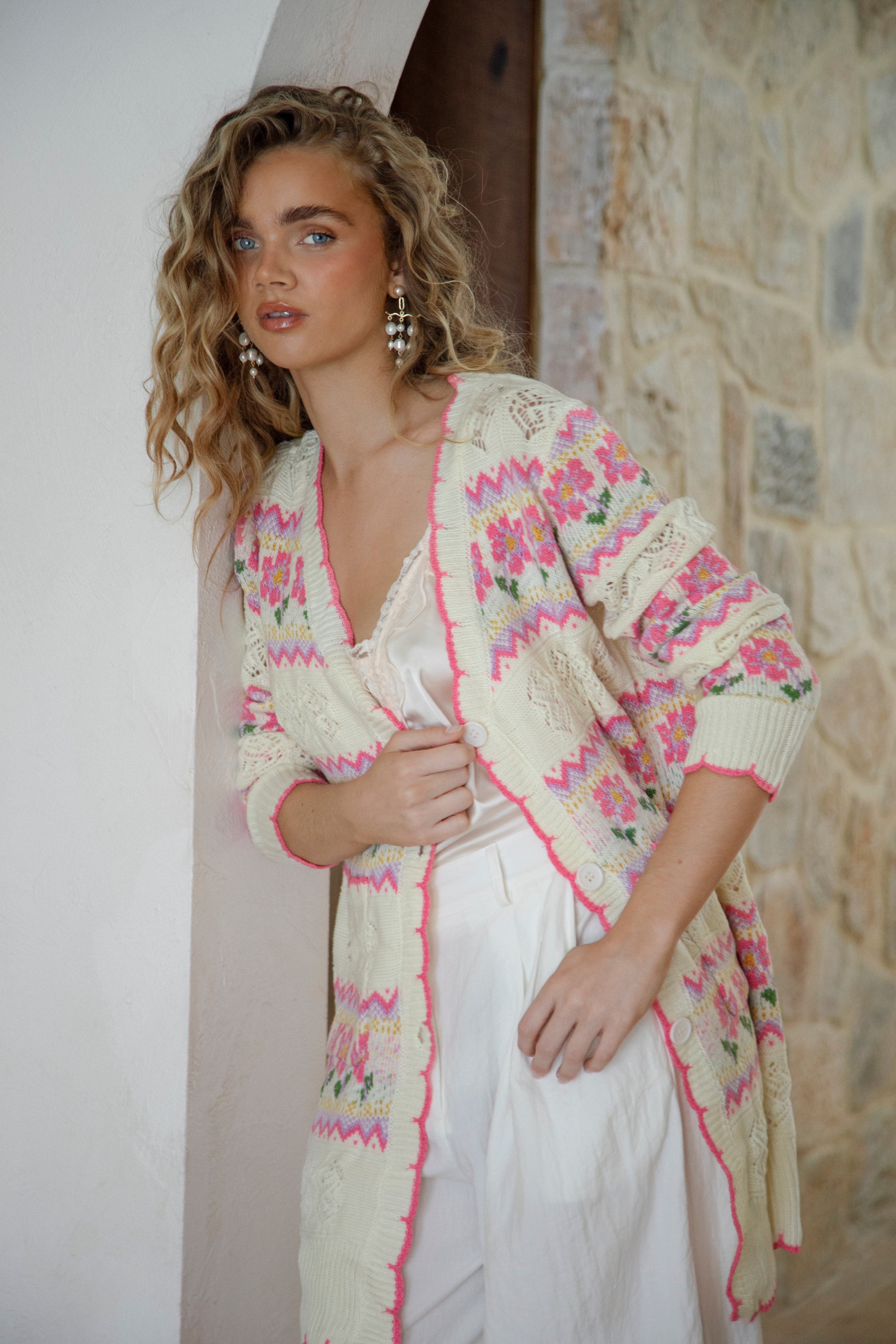 Freya Cardigan Cream Floral - longline cream cardigan with floral pattern in knit