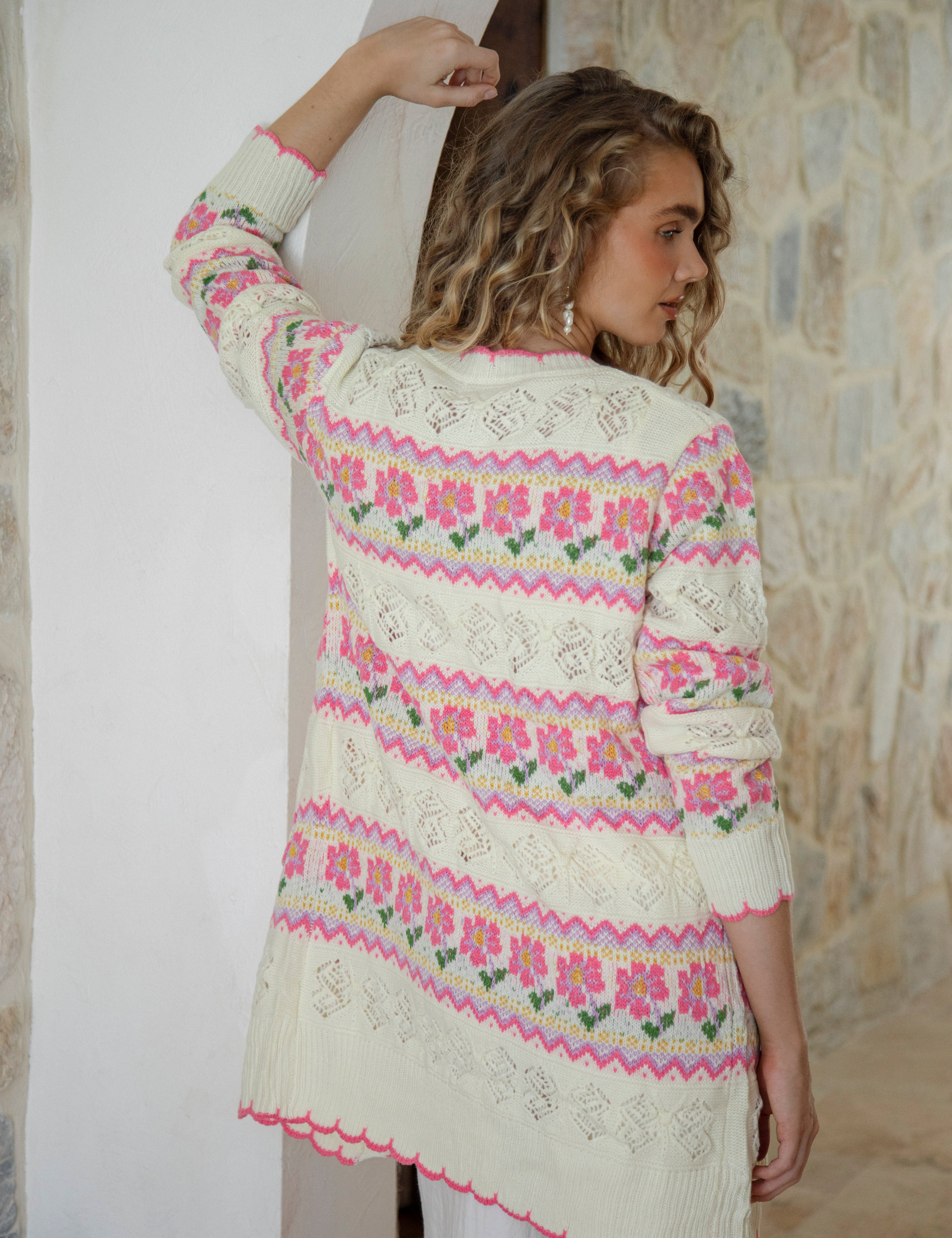 Freya Cardigan Cream Floral - rear view showcasing floral pattern on cream colourway