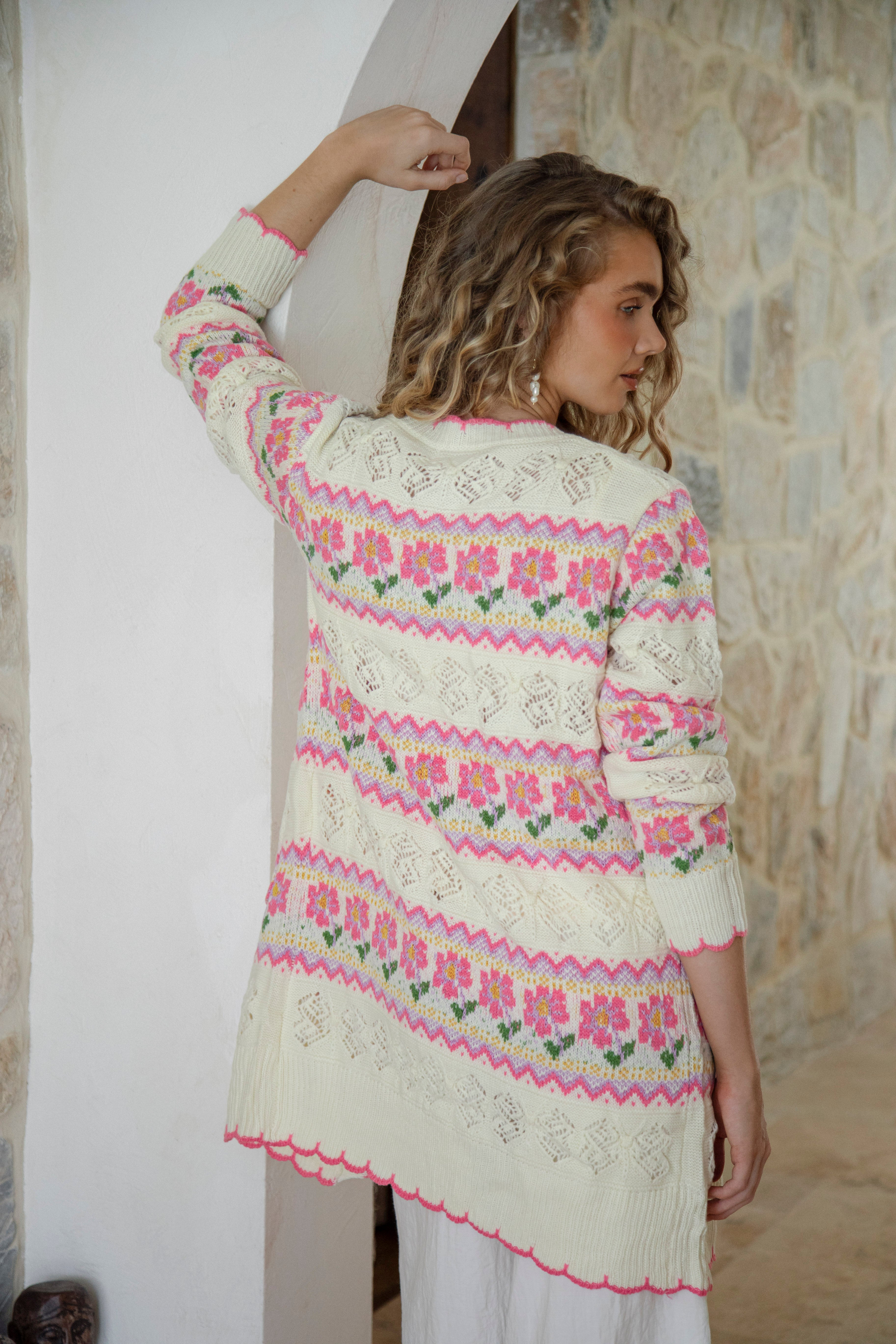 Freya Cardigan Cream Floral - rear view showcasing floral pattern on cream colourway