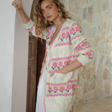Freya Cardigan Cream Floral - cream longline cardigan with pink, green and yellow floral pattern on cream colourway