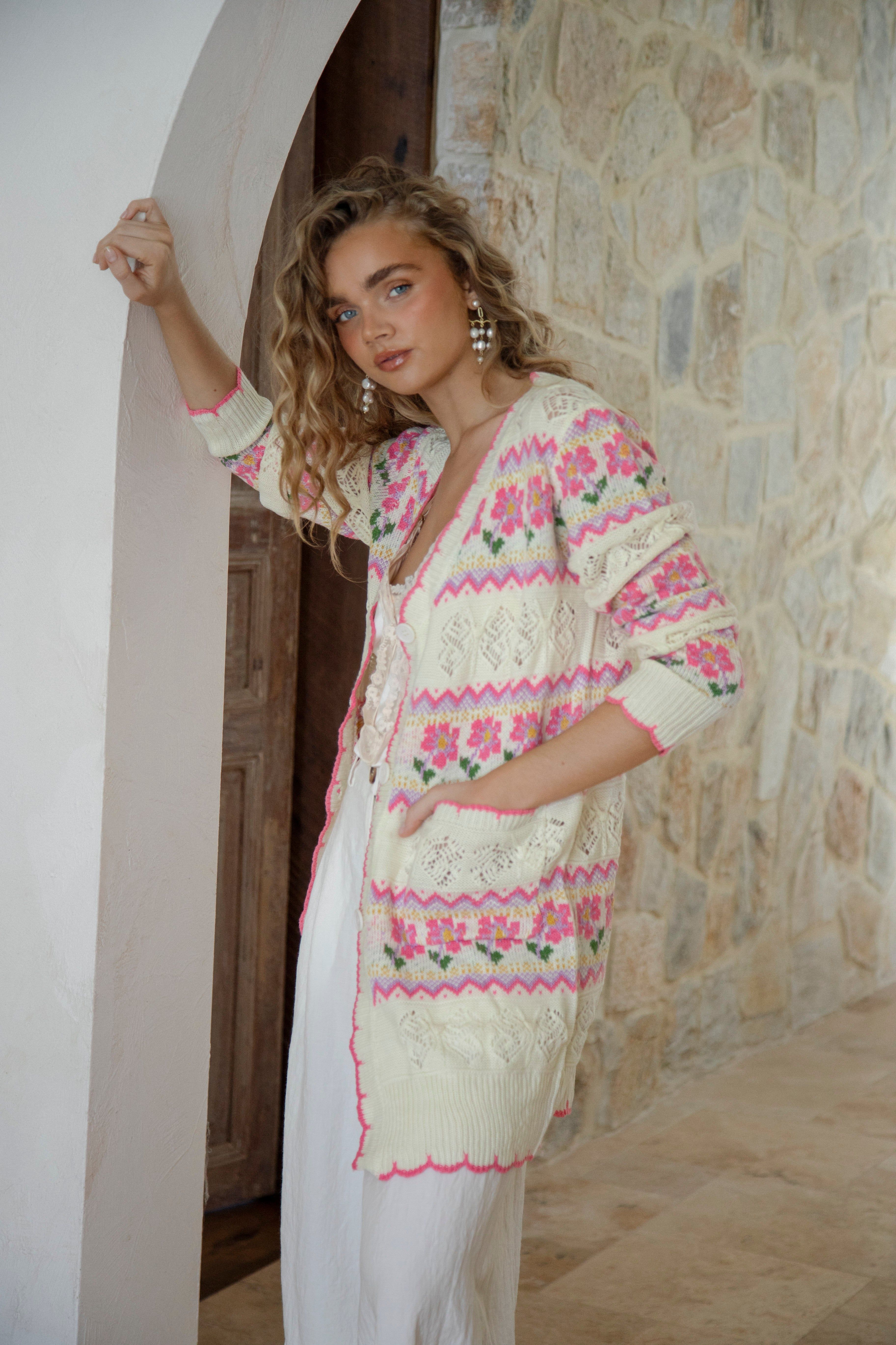 Freya Cardigan Cream Floral - cream longline cardigan with pink, green and yellow floral pattern on cream colourway