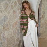 Freya Cardigan Khaki Floral - longline cardigan in khaki colourway featuring a pink, yellow and green floral pattern