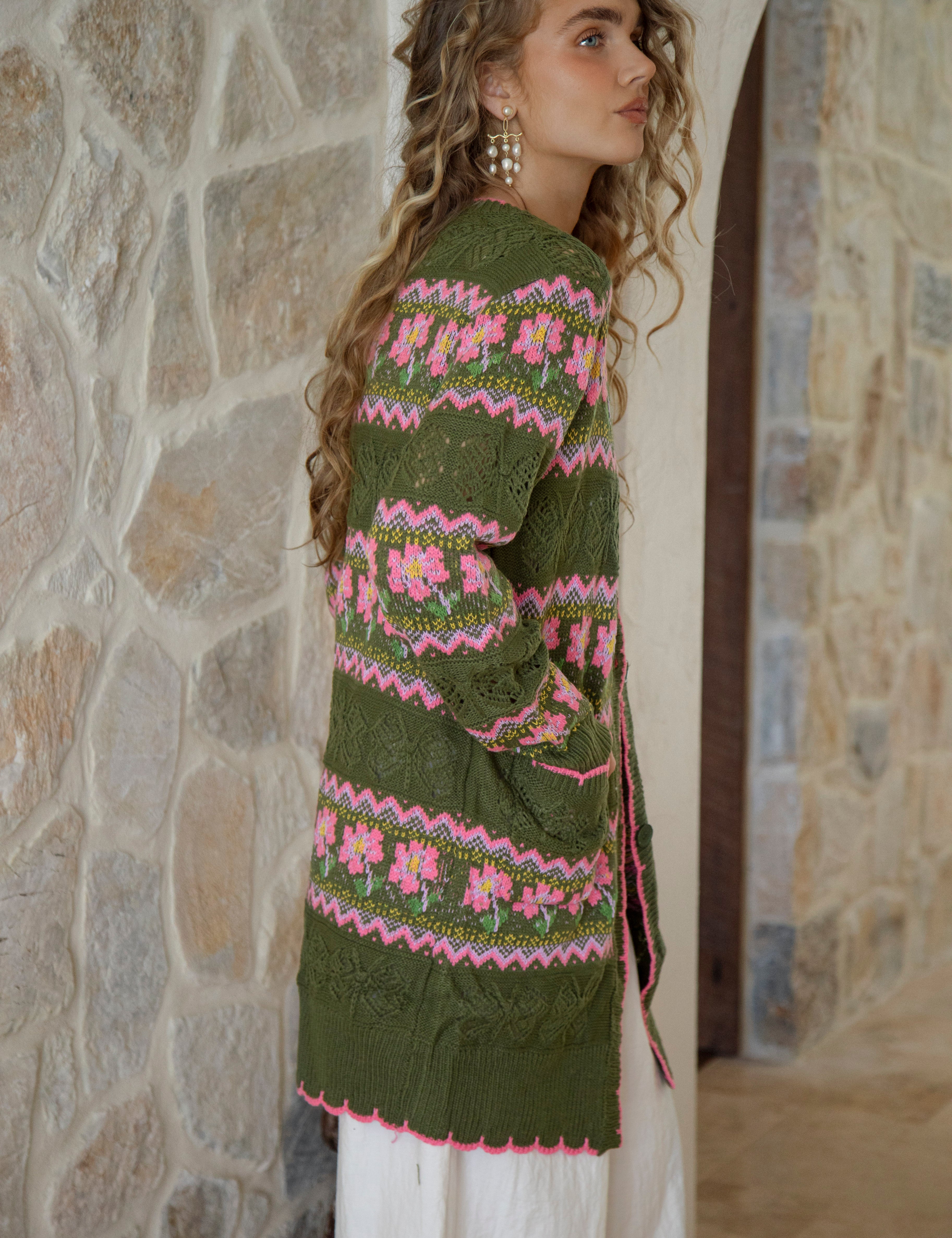Freya Cardigan Khaki Floral - delicate knit featuring floral pattern on khaki colourway