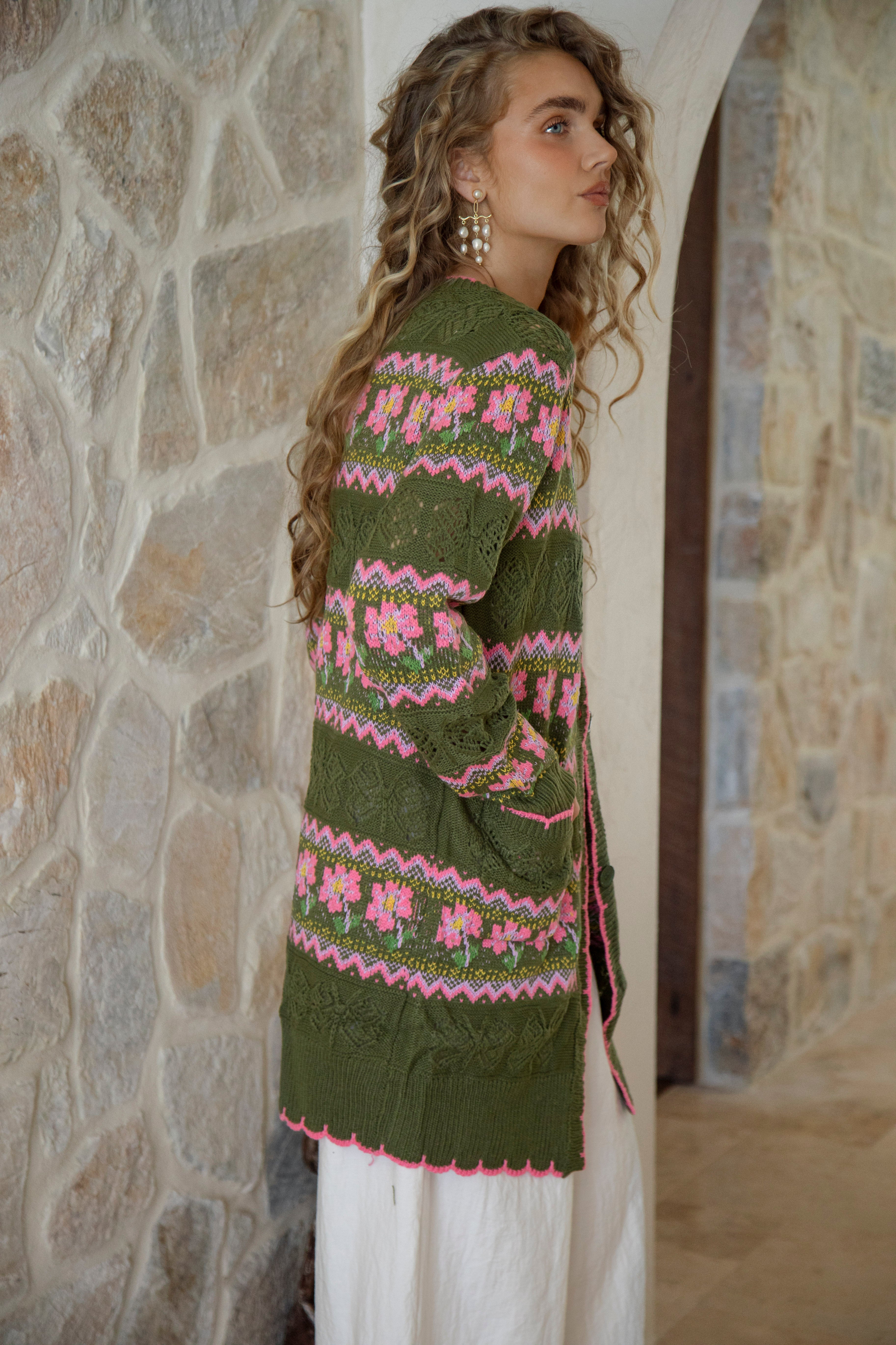 Freya Cardigan Khaki Floral - delicate knit featuring floral pattern on khaki colourway