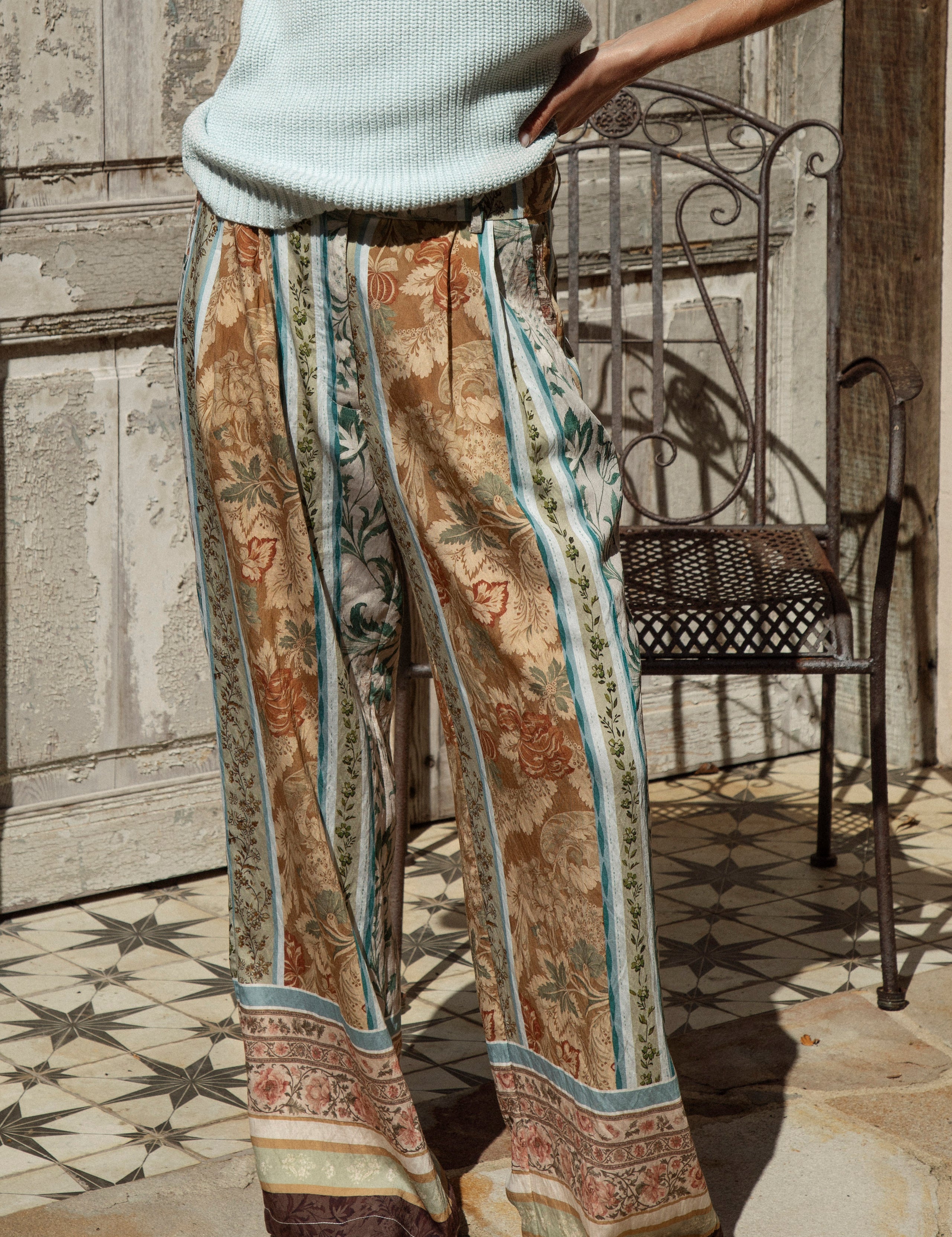 Georgie Pant Olive - features Boho style print in shades of brown, blue and green