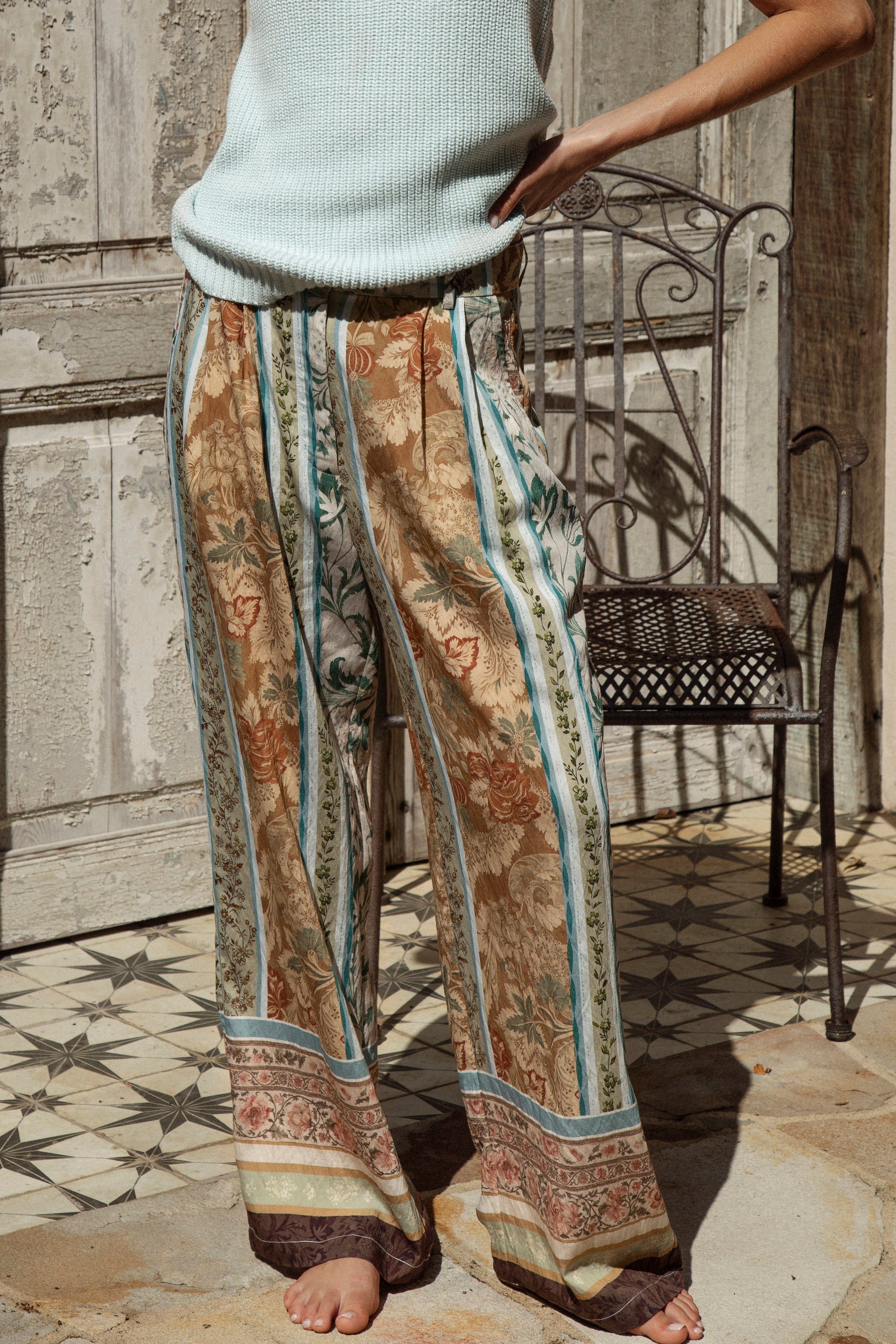 Georgie Pant Olive - features Boho style print in shades of brown, blue and green
