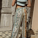 Georgie Pant Olive - rear view showcasing Boho vintage print
