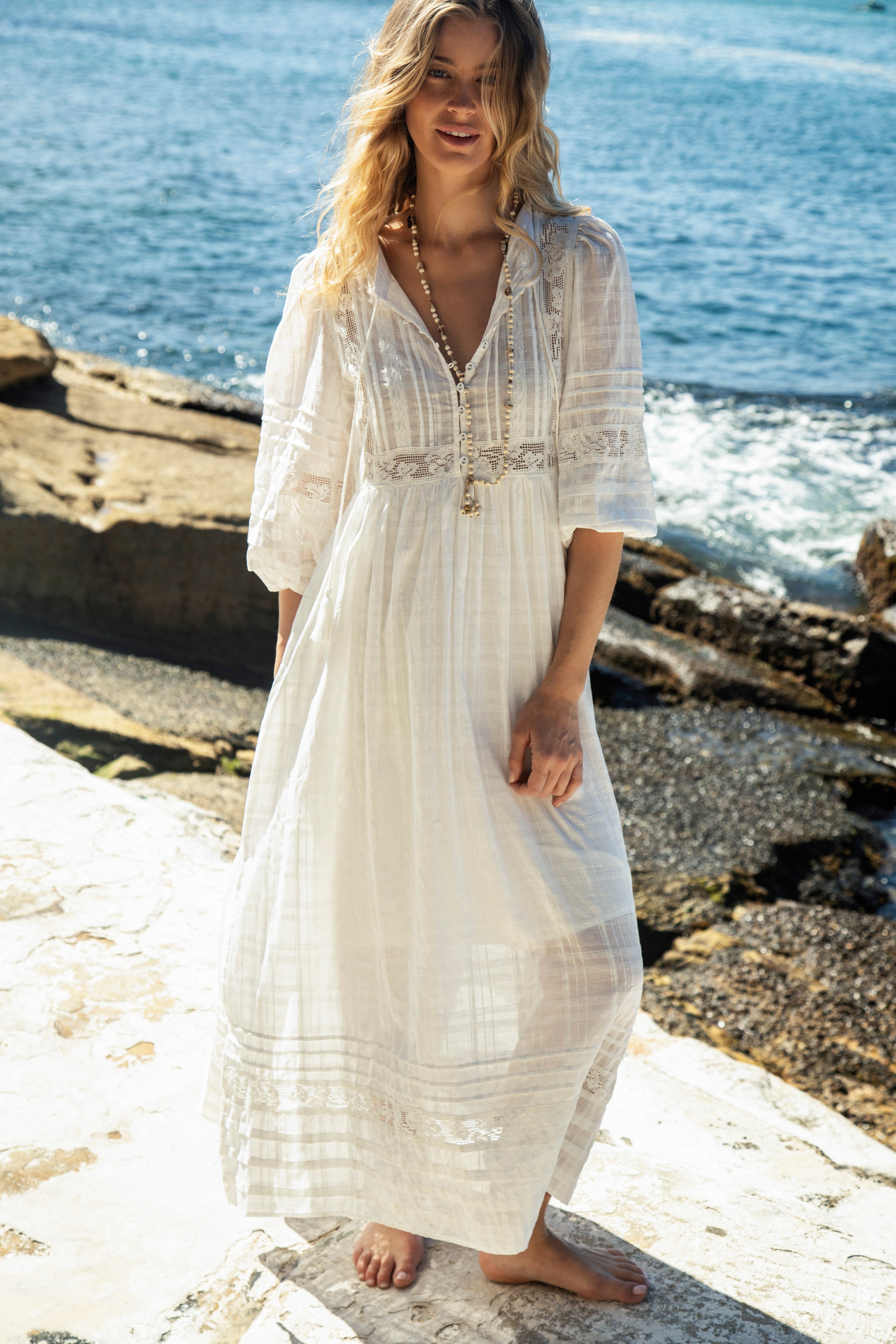 Glow Smock Dress in white colourway featuring maxi length and lace details