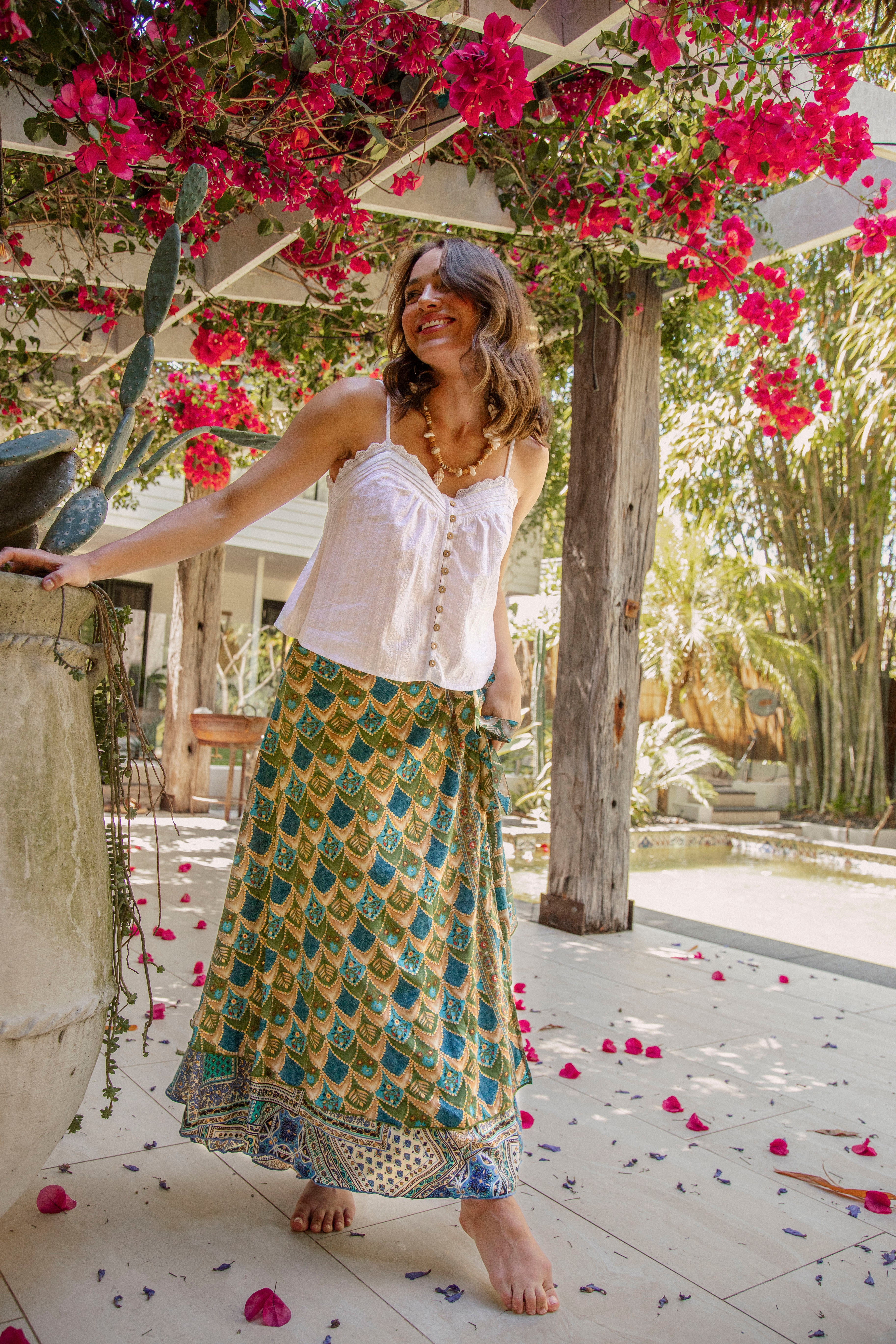 Goddess Wrap Skirt Peacock festuring Boho pattern and reversible style