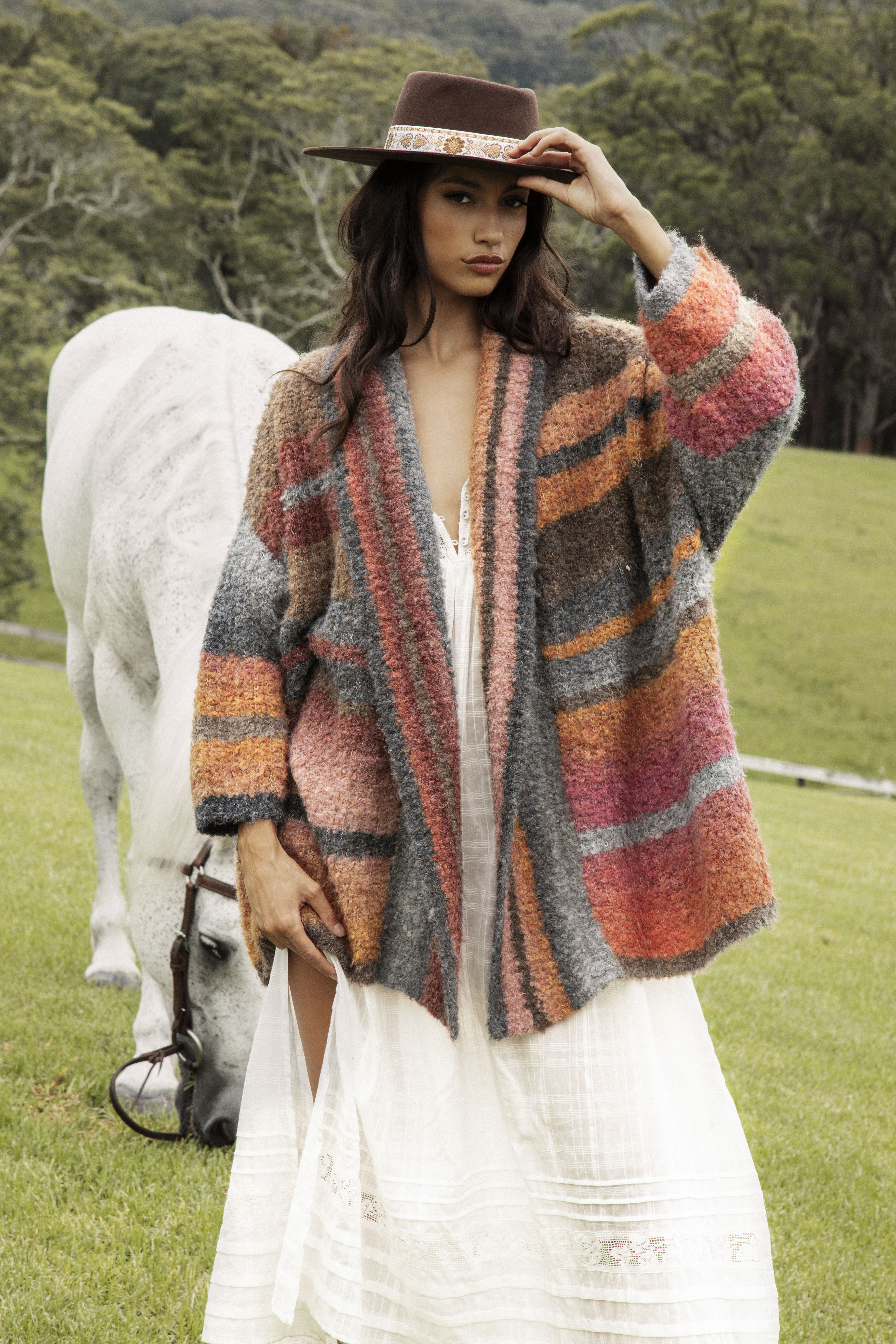 Harvest Slouch Cardigan snuggly warm throw over cardi in shades of rust, orange, pink and brown.