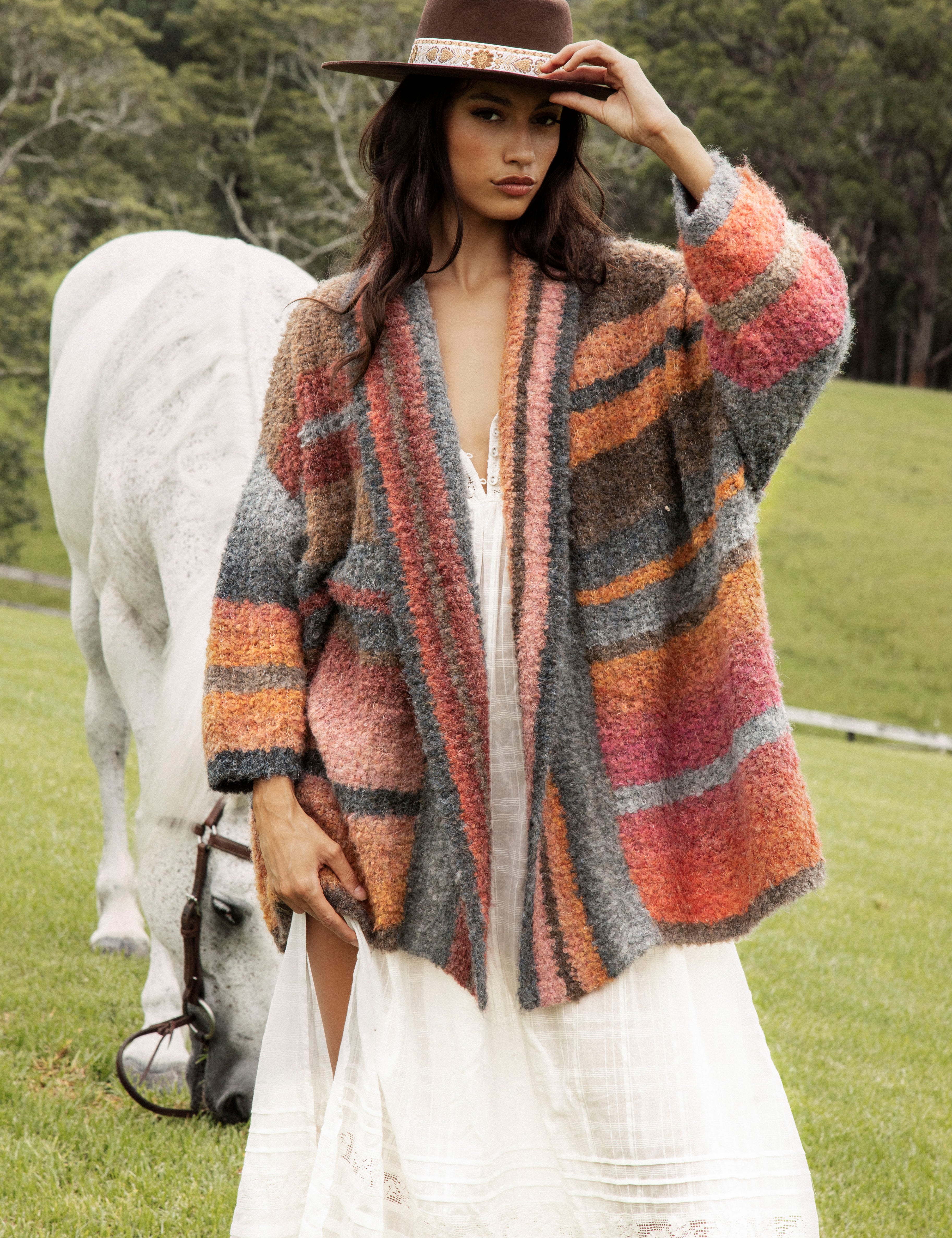Harvest Slouch Cardigan snuggly warm throw over cardi in shades of rust, orange, pink and brown.