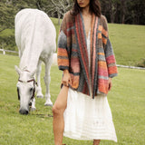 Harvest Slouch Cardigan - soft long length cardi featuring striped pattern in Autumnal tones.