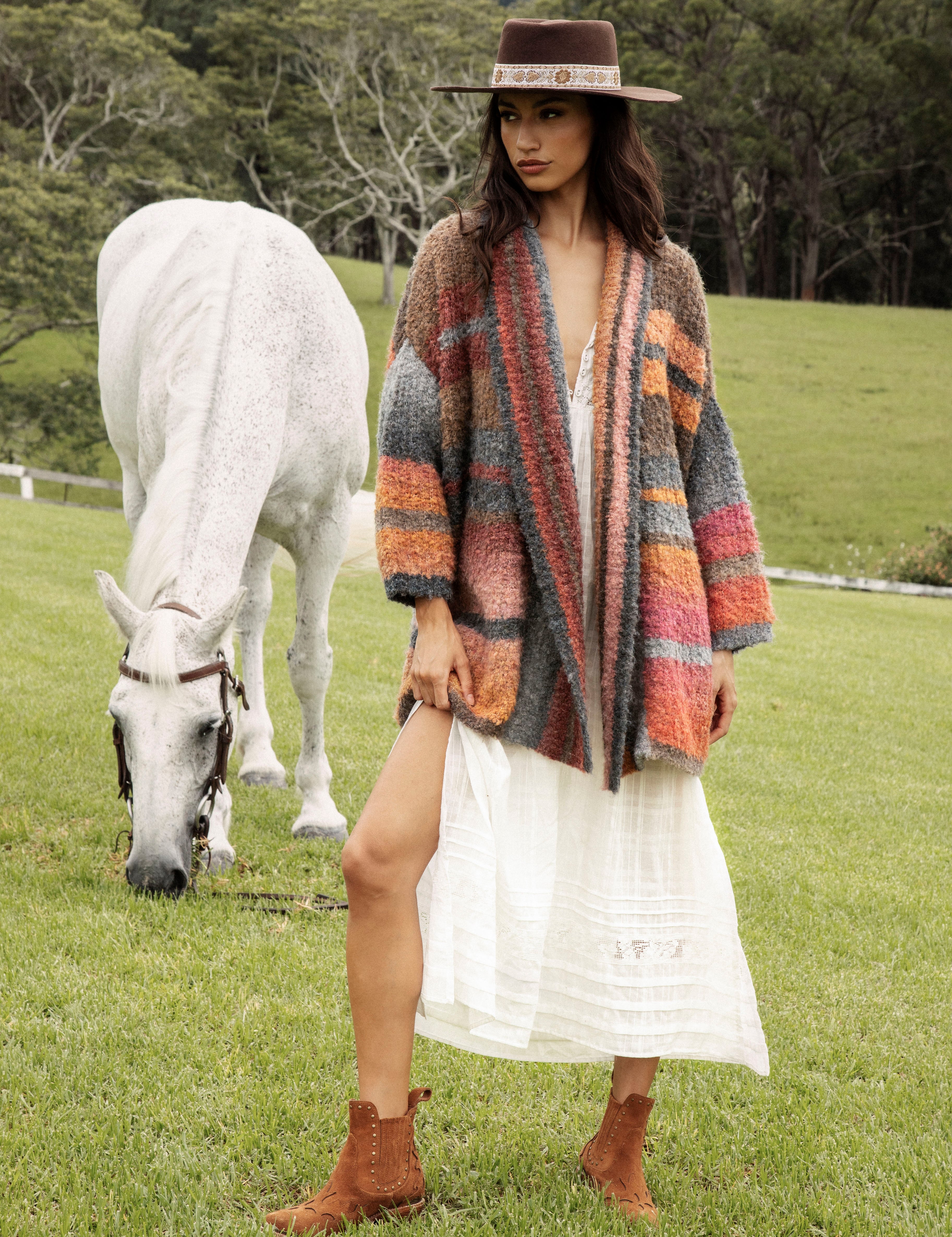 Harvest Slouch Cardigan - soft long length cardi featuring striped pattern in Autumnal tones.