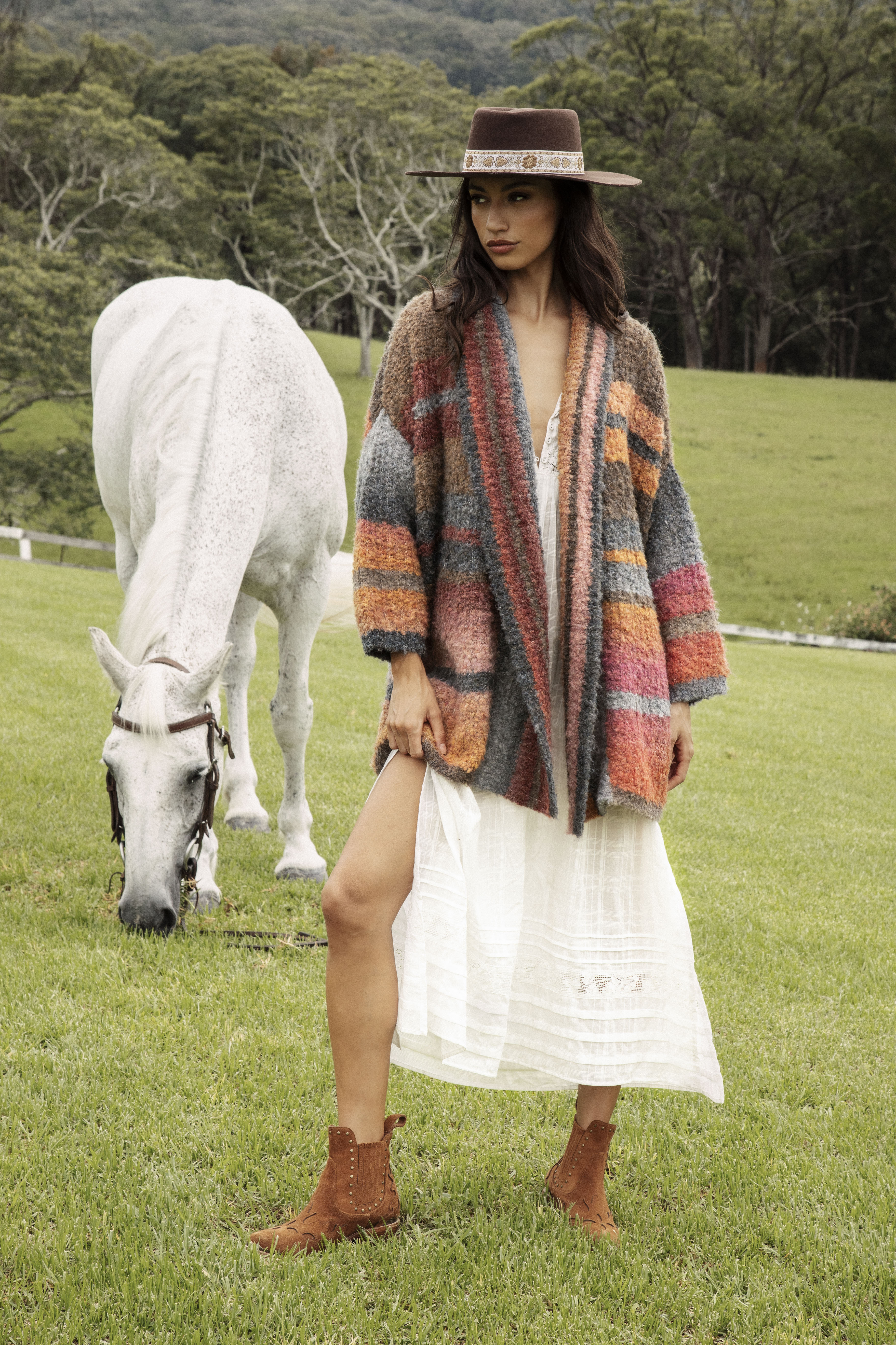 Harvest Slouch Cardigan - soft long length cardi featuring striped pattern in Autumnal tones.