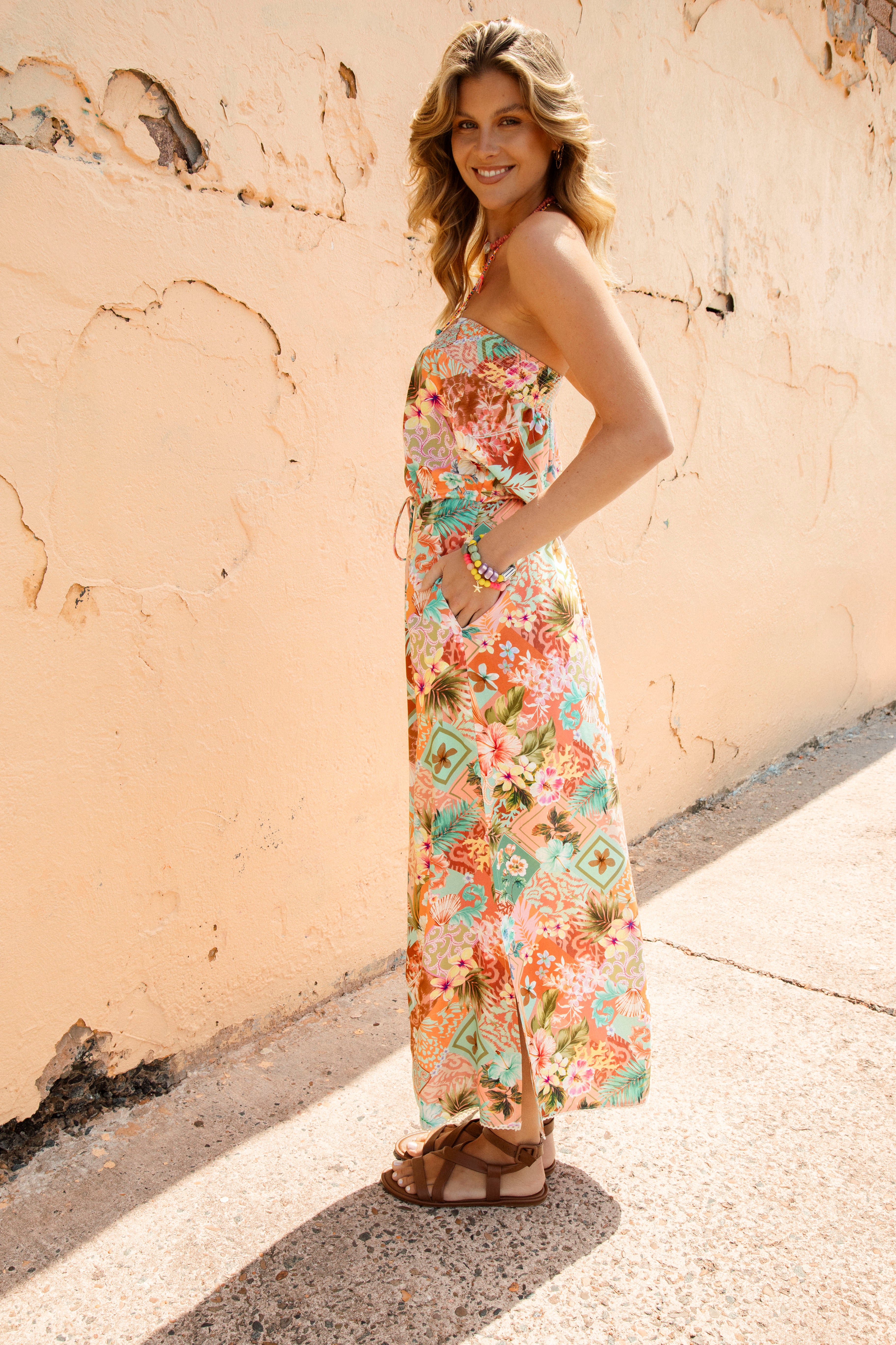 Havana Strapless Dress Tropicana - side view showcasing side splits and pockets
