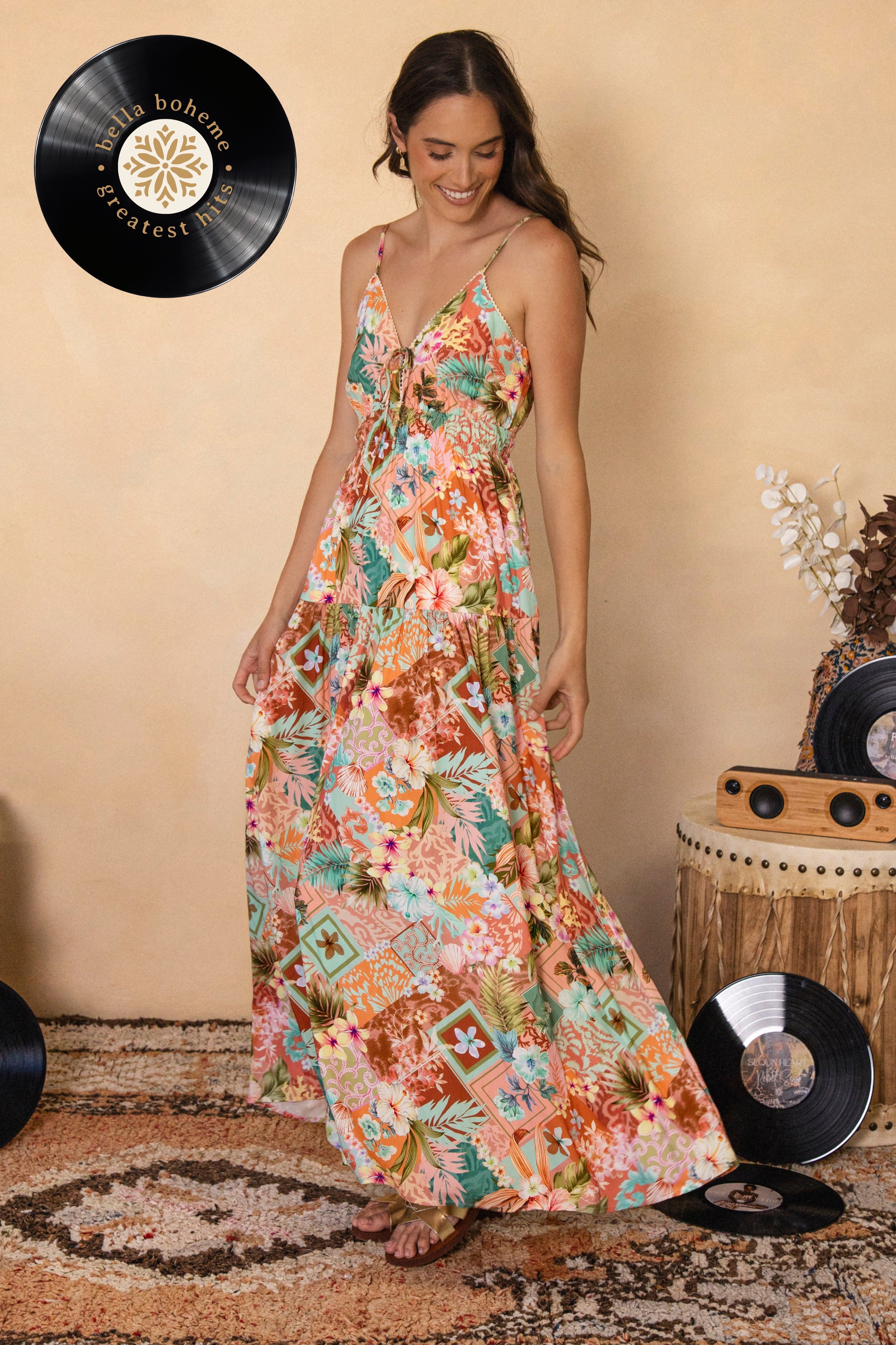 Bohemian style maxi dress with floral inspired geometric print