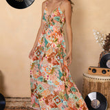 Bohemian style maxi dress with floral inspired geometric print