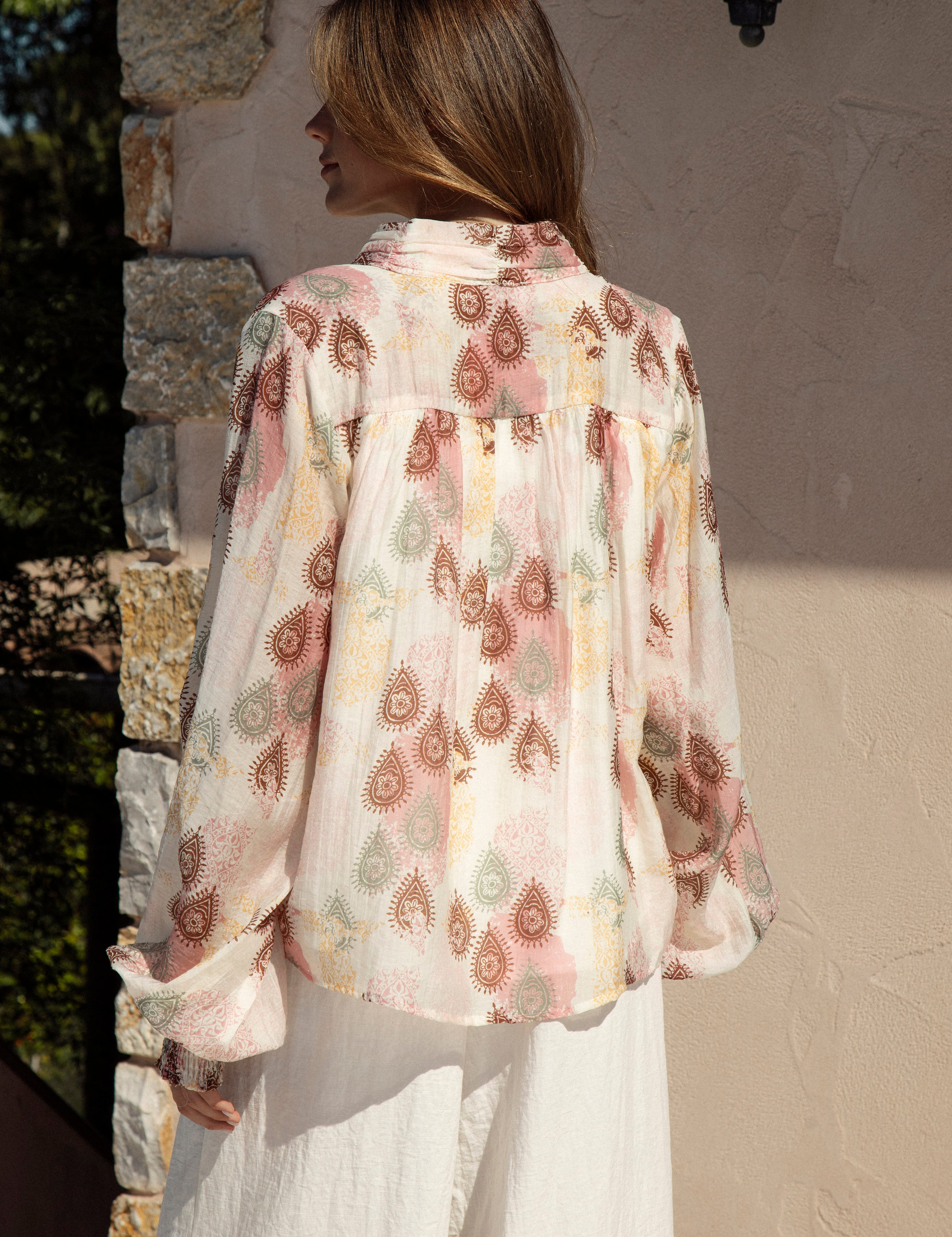 Isla Blouse Mauve Paisley rear view showcasing paisley print in brown, lemon, sage and rose colourway