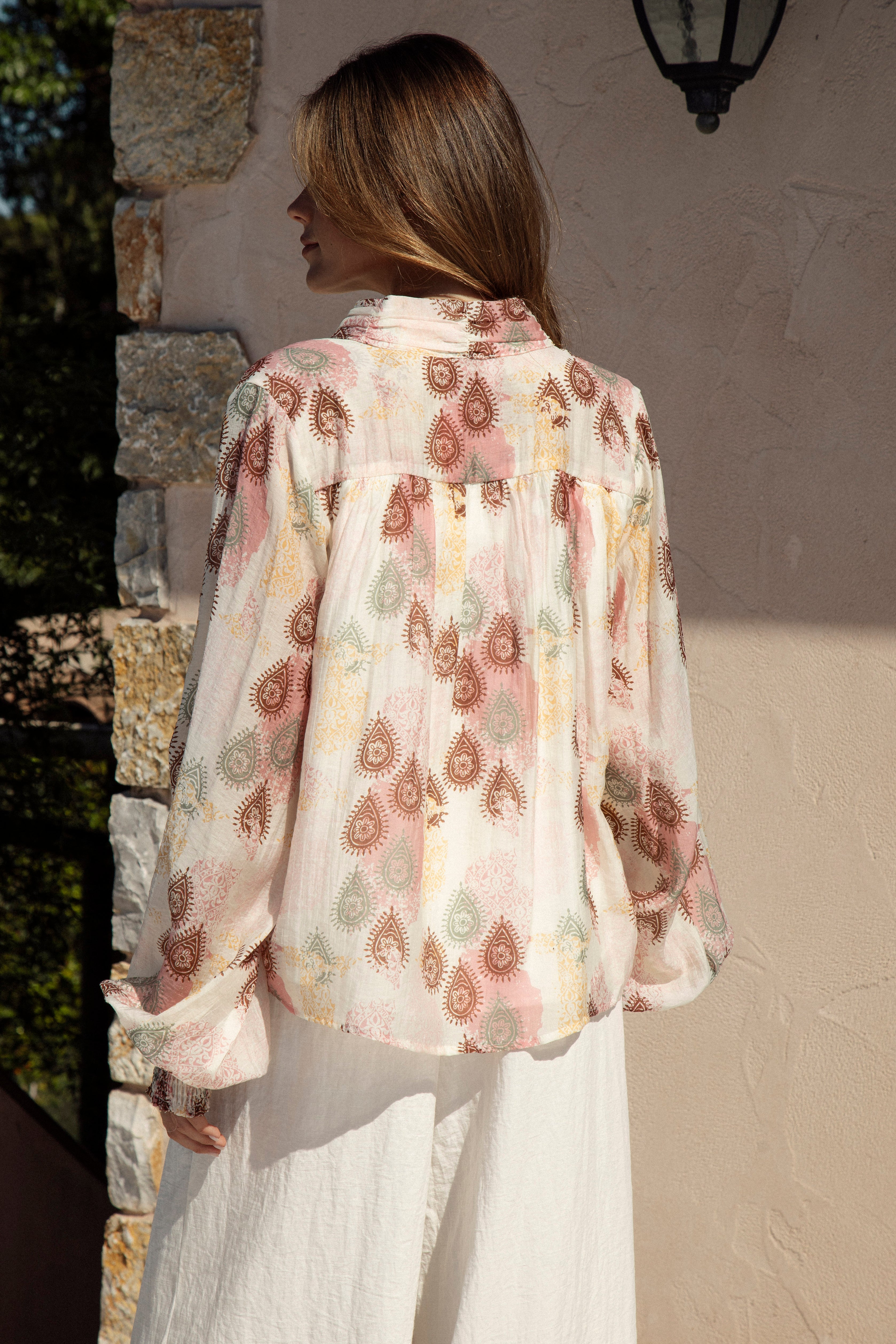 Isla Blouse Mauve Paisley rear view showcasing paisley print in brown, lemon, sage and rose colourway