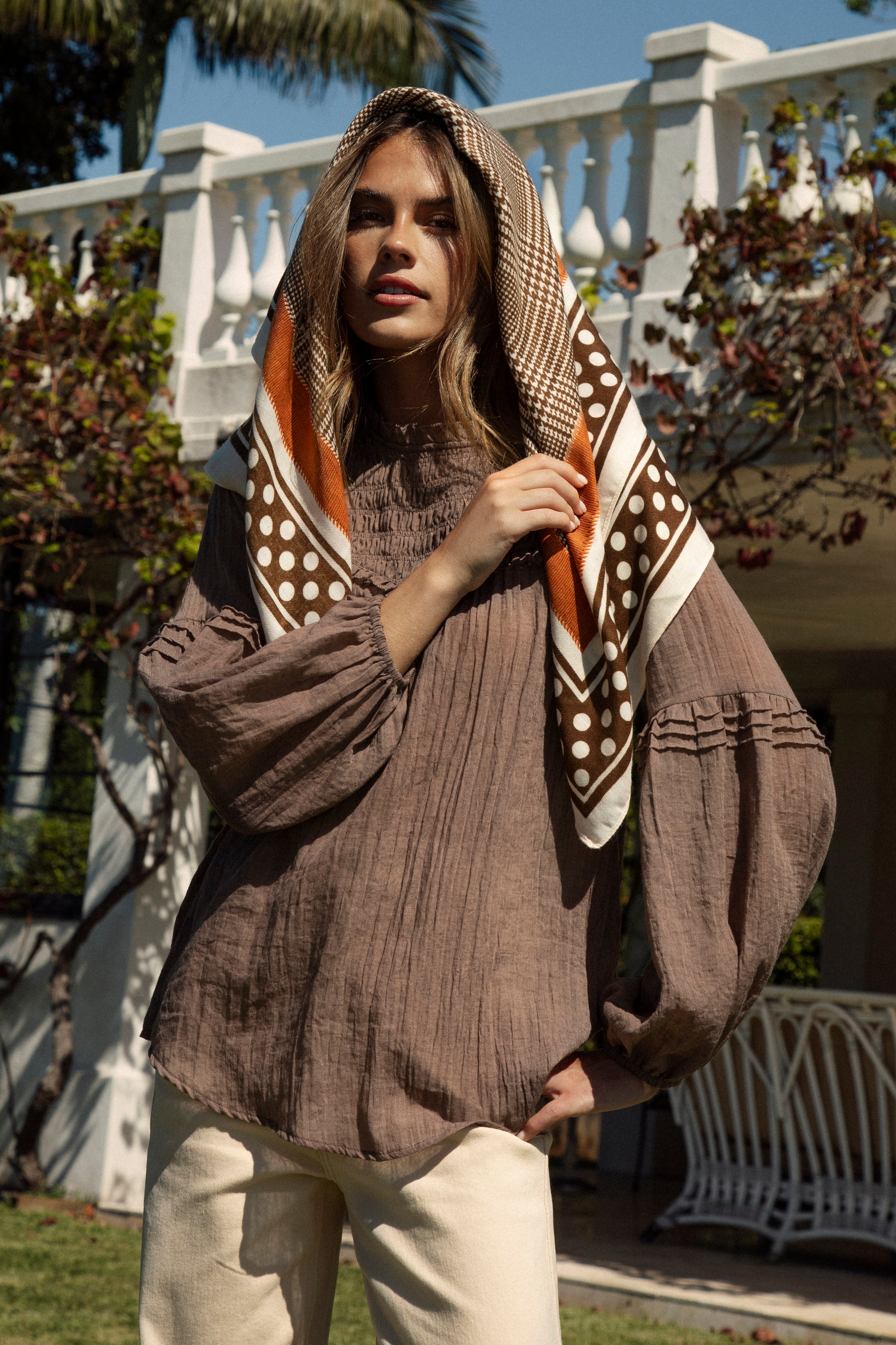 Italiano Scarf Choc may be worn as headscarf, scarf, belt and more.