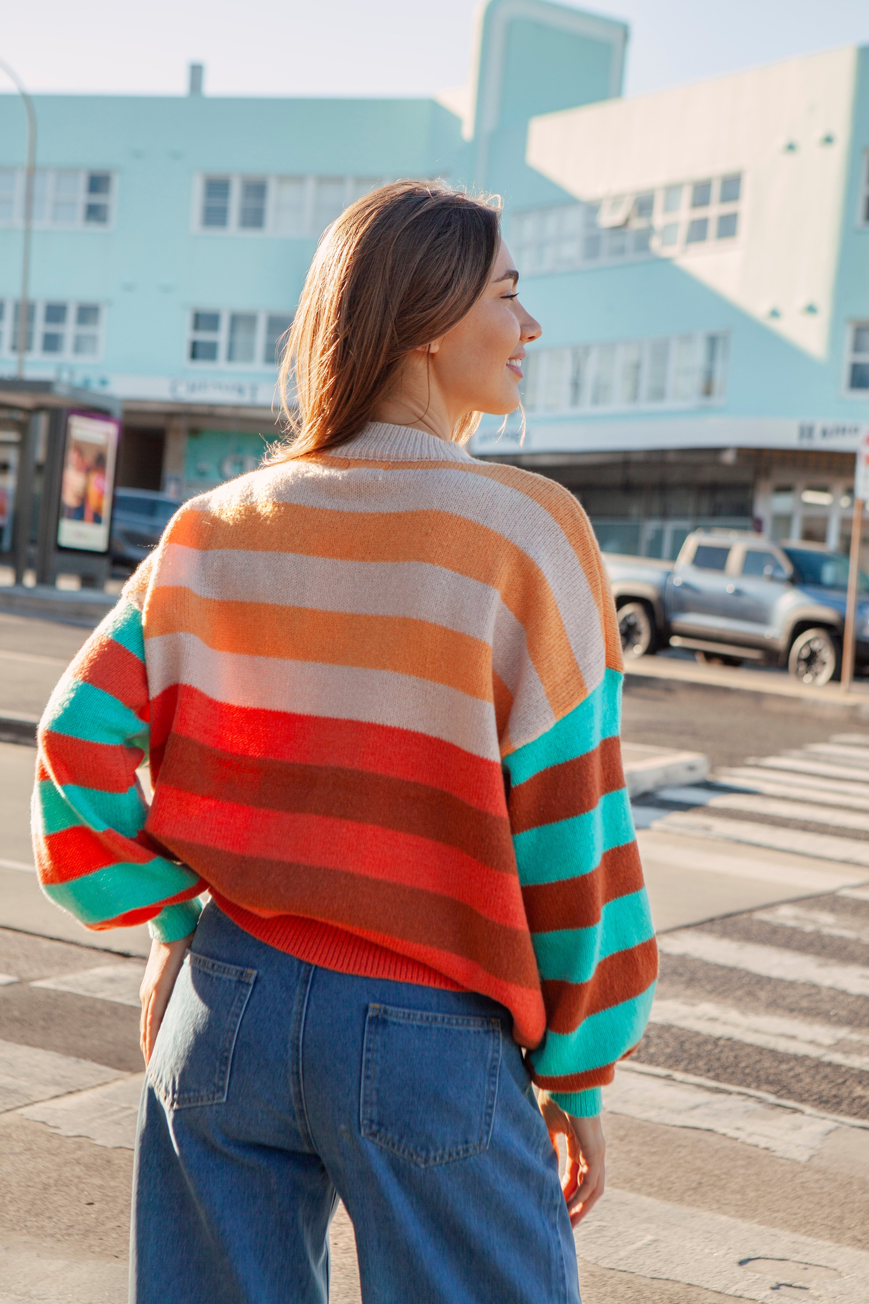Jaffa Stripe Knit - striped sweater. Rear view.