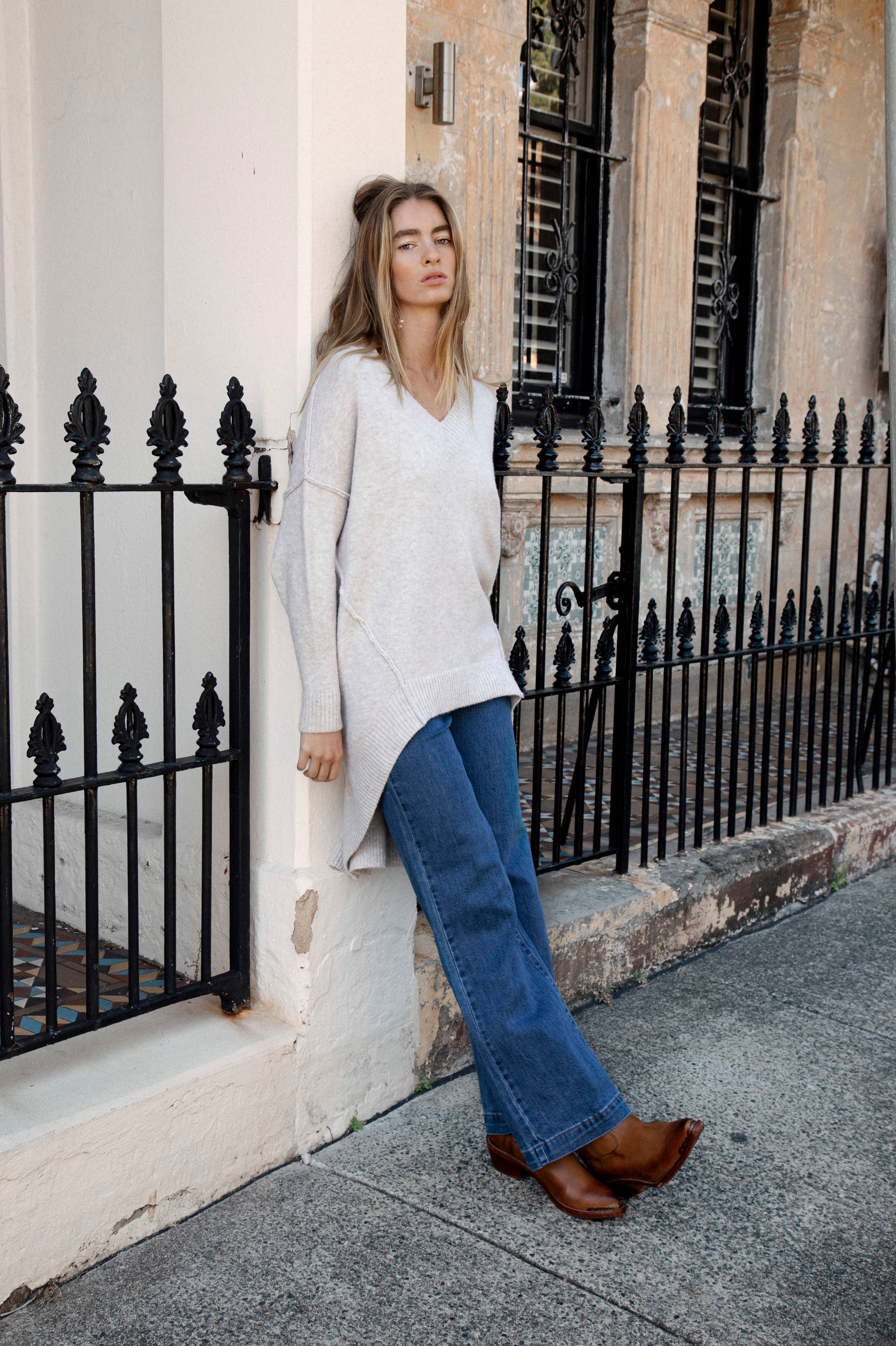 Jardin Oversized Knit worn with denim and Drifter Boots by Bella Boheme