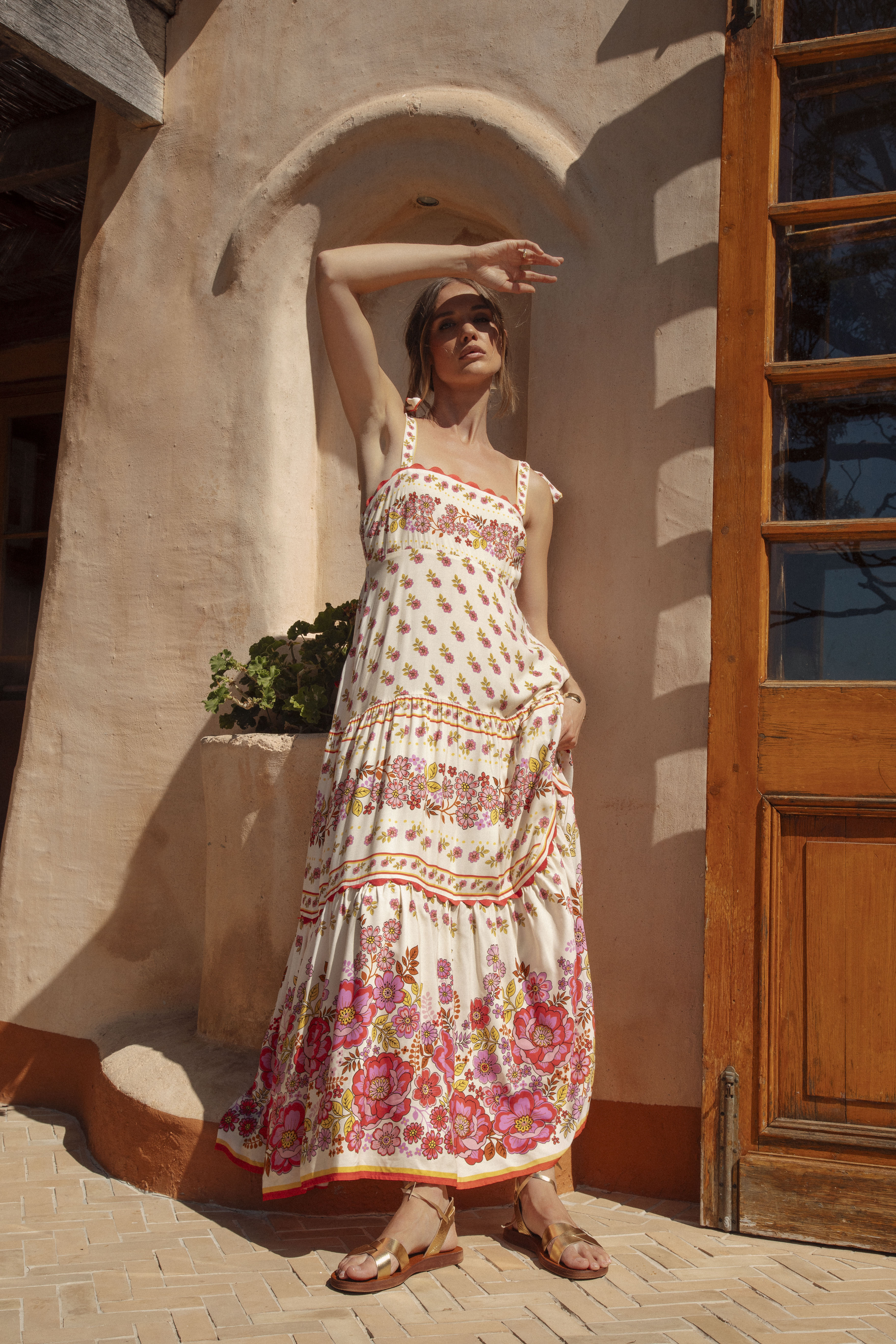 Jatea Sundress Fiesta Floral - maxi length sundress featuring vintage floral pattern on white background