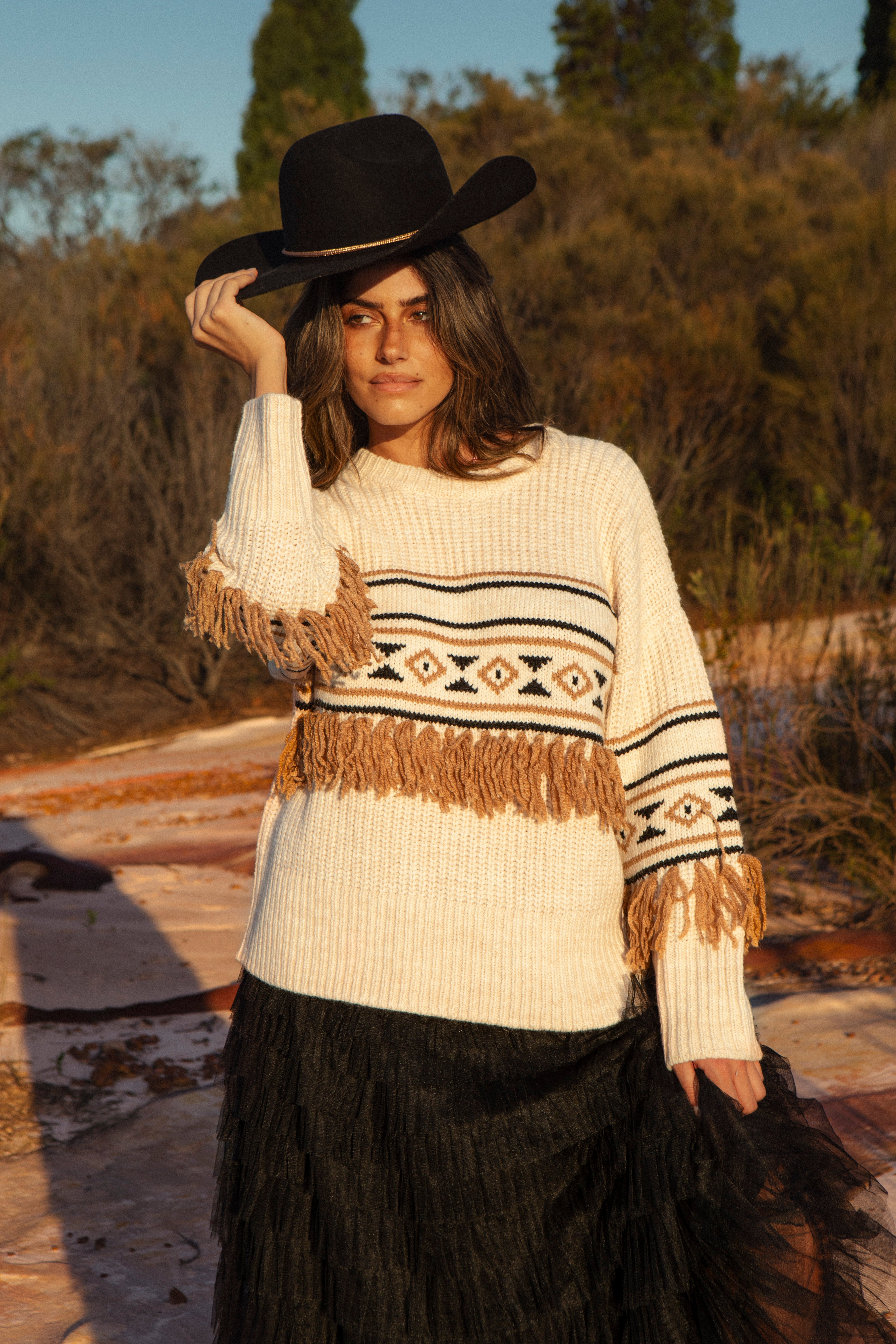 Joshua Aztec Sweater - chunky style knit with Aztec pattern and fringe detail.