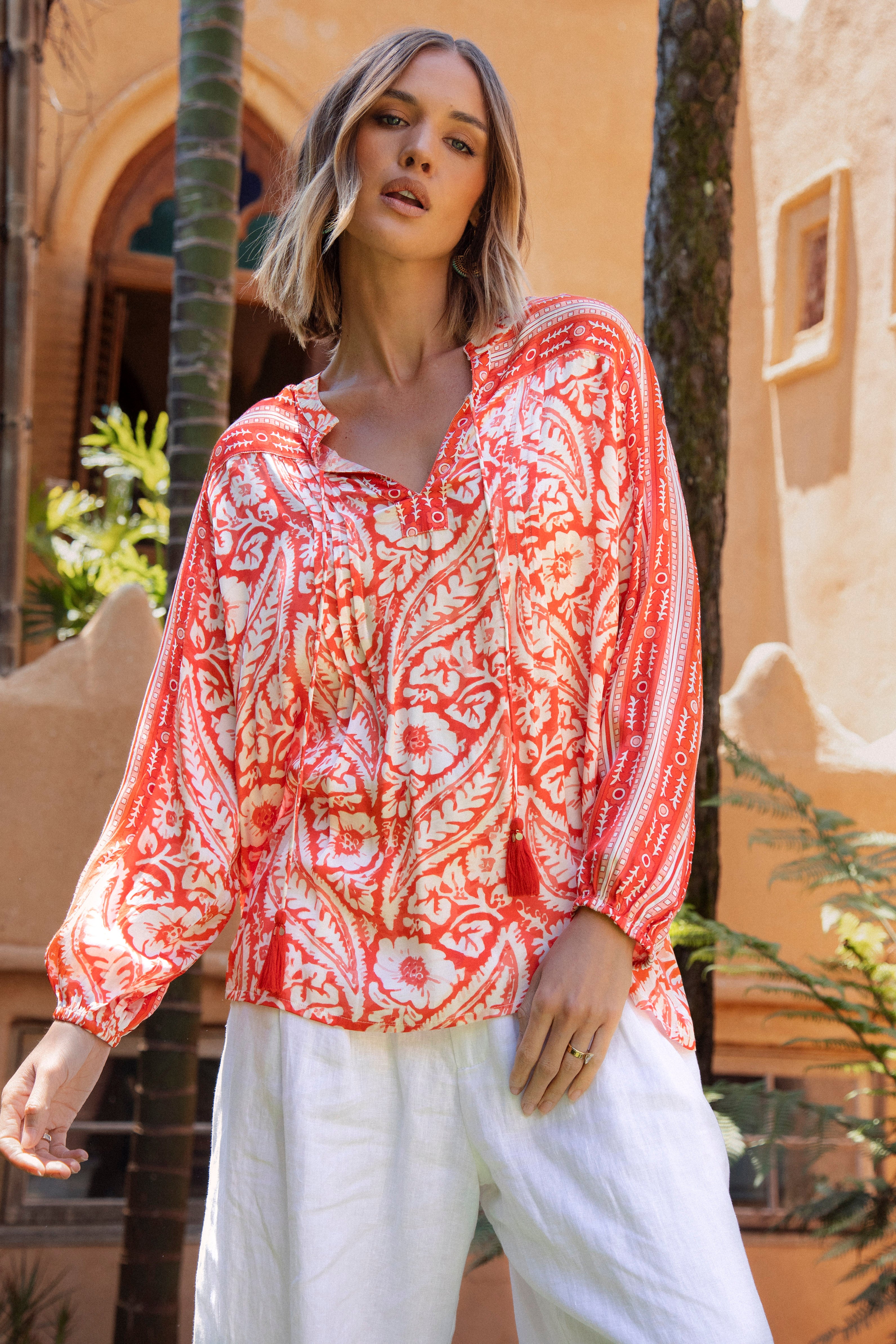 Julietta Blouse Coral Red long sleeve Boho style blouse featuring floral inspired Boho print