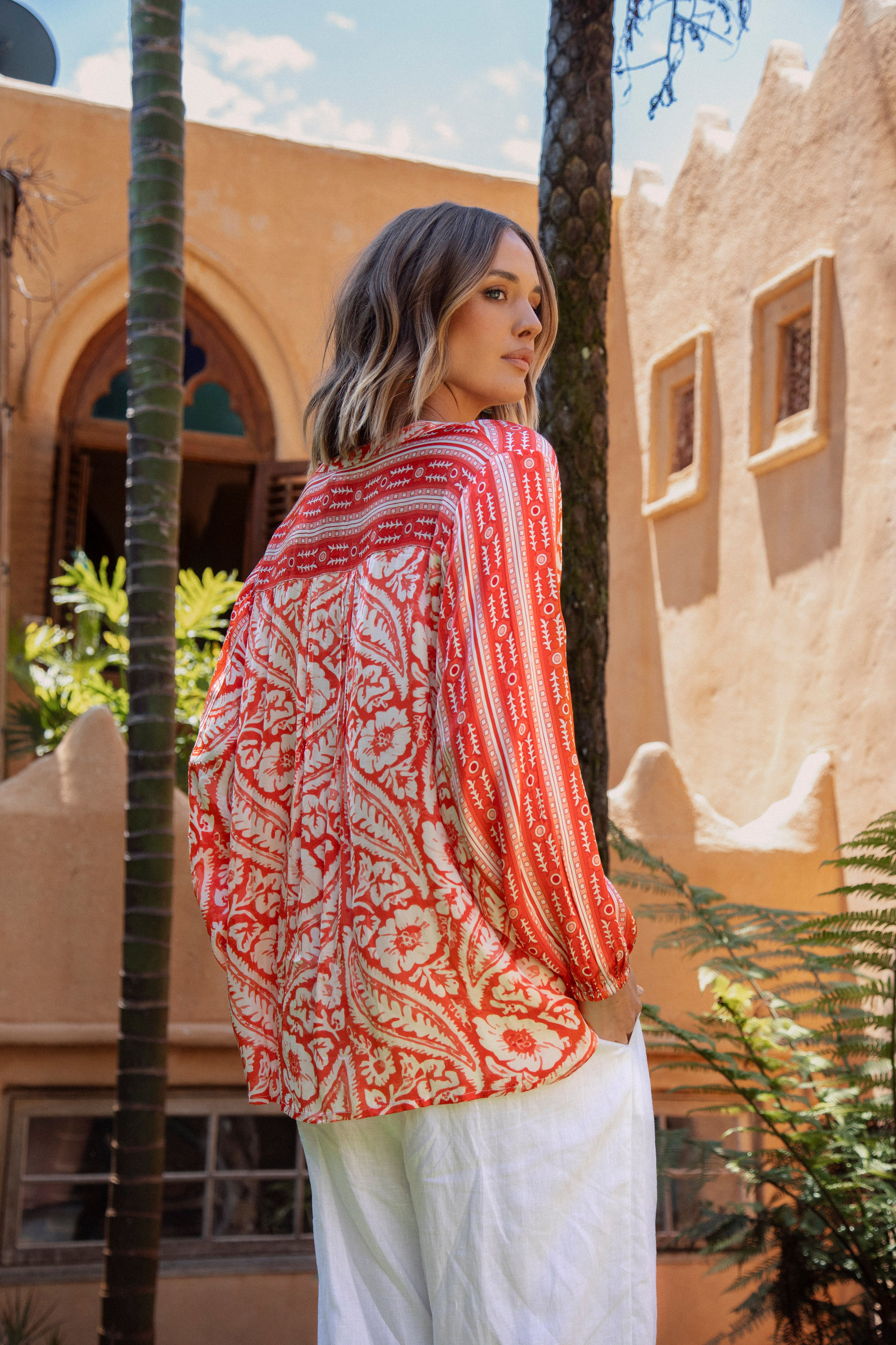 Julietta Blouse Coral Red Side View