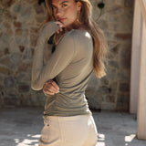Kiki Long Sleeve Basic Olive - crew style long sleeve top with round neck and ruching at sides