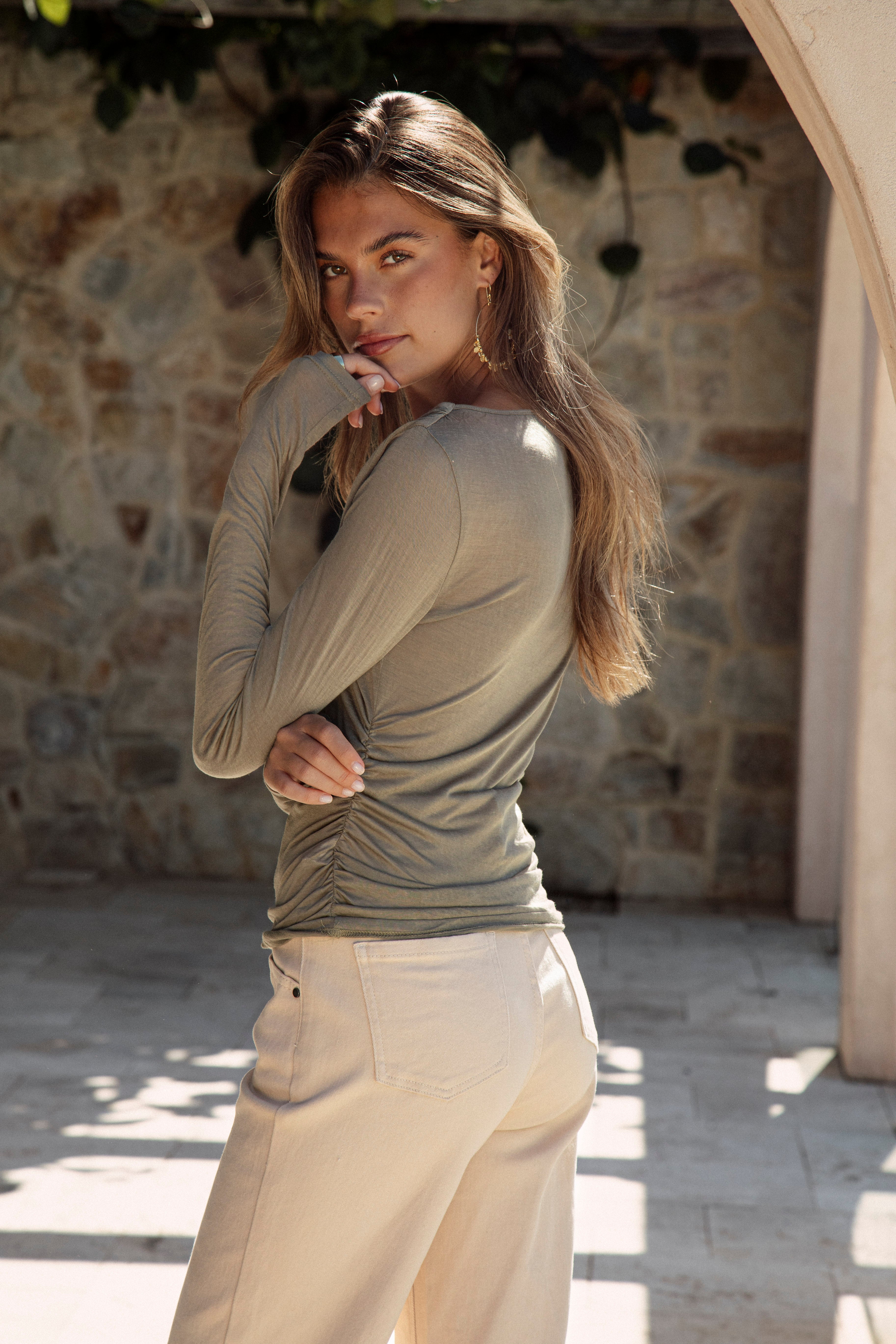 Kiki Long Sleeve Basic Olive - crew style long sleeve top with round neck and ruching at sides