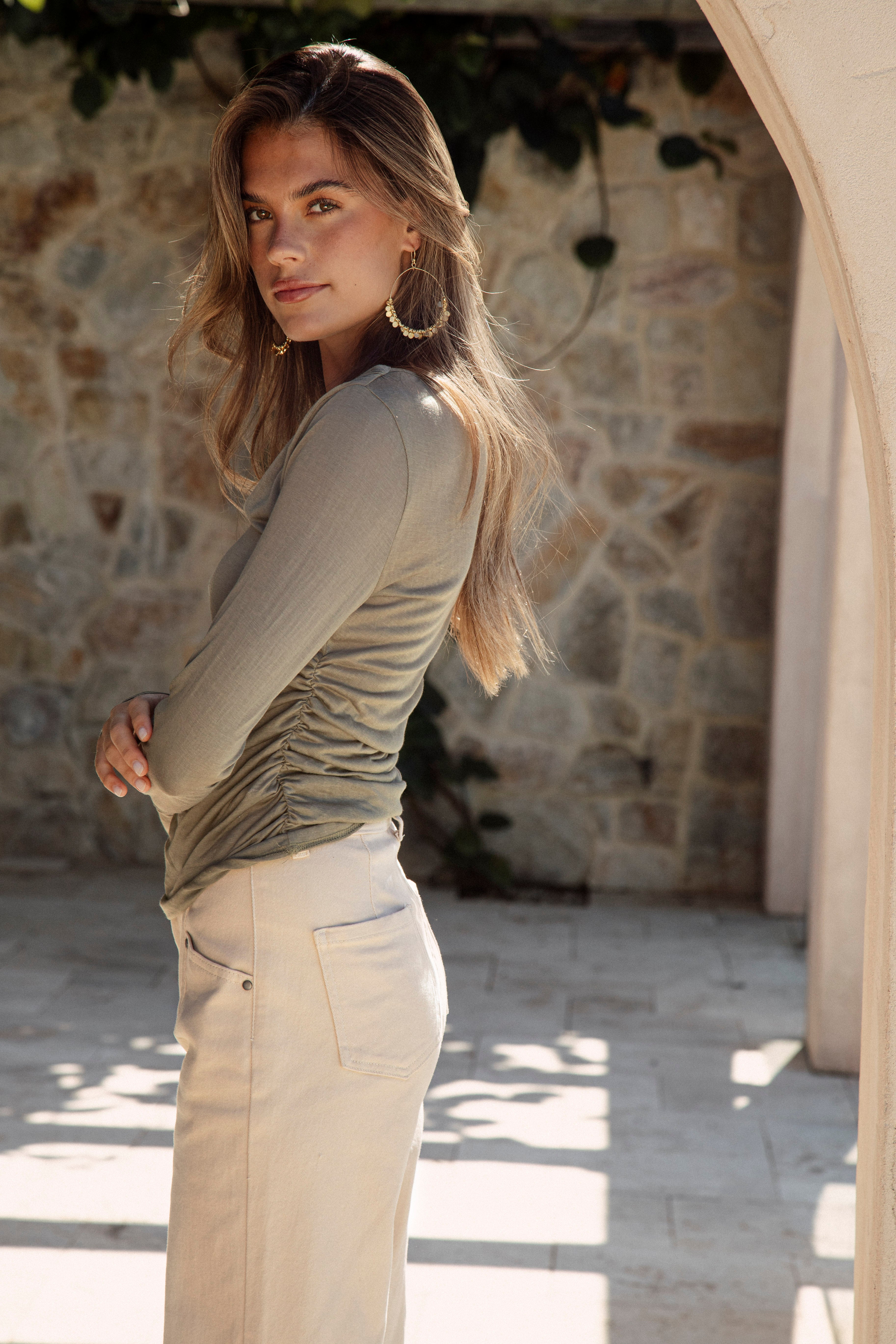 Kiki Long Sleeve Basic Olive - side view showcasing olive green colourway
