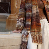 La Vie Cardigan - close up view of scarf detail, open style and earthy pattern