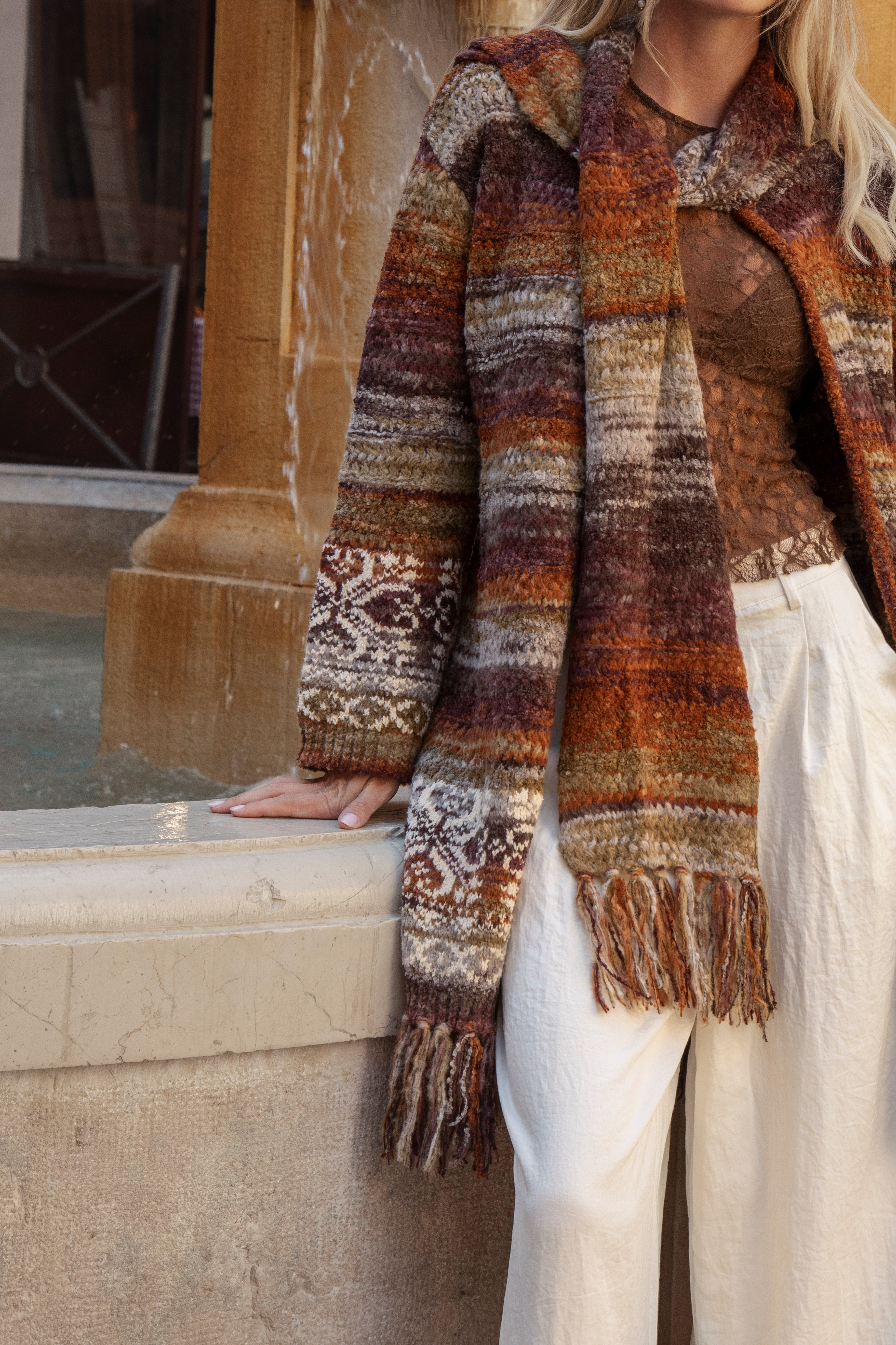 La Vie Cardigan - close up view of scarf detail, open style and earthy pattern
