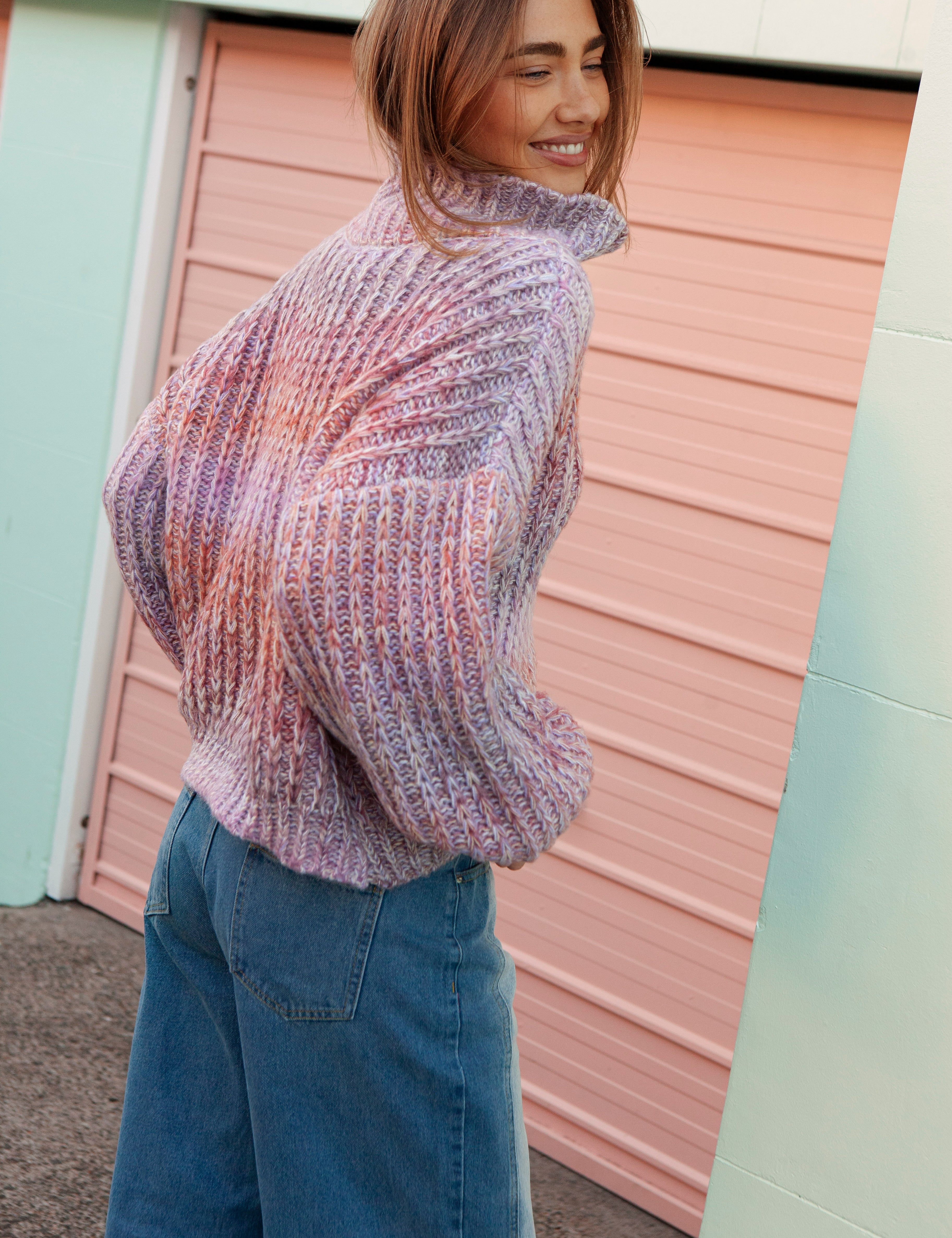 Lavender Dreams Knit - rear view showcasing high neckline.