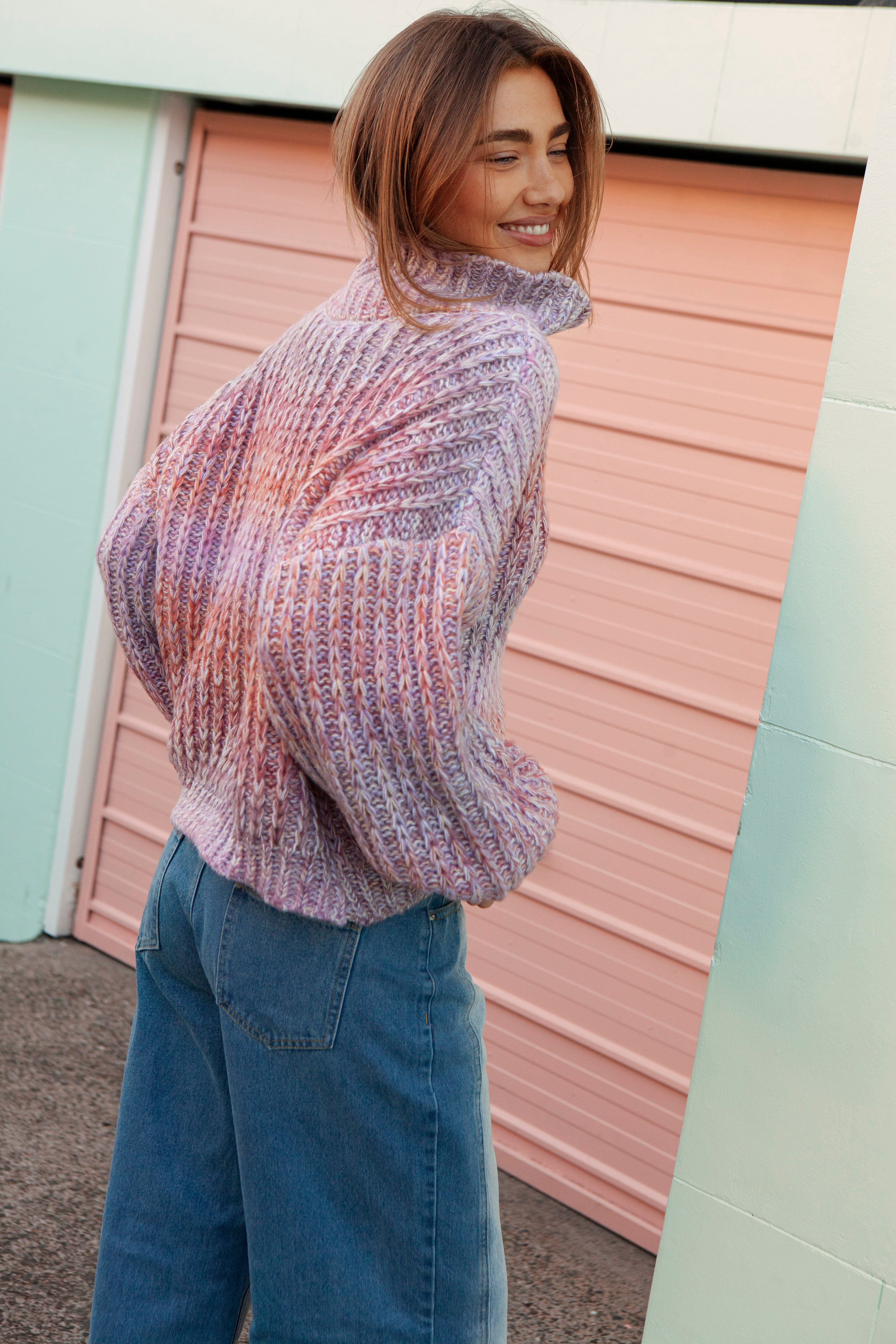 Lavender Dreams Knit - rear view showcasing high neckline.