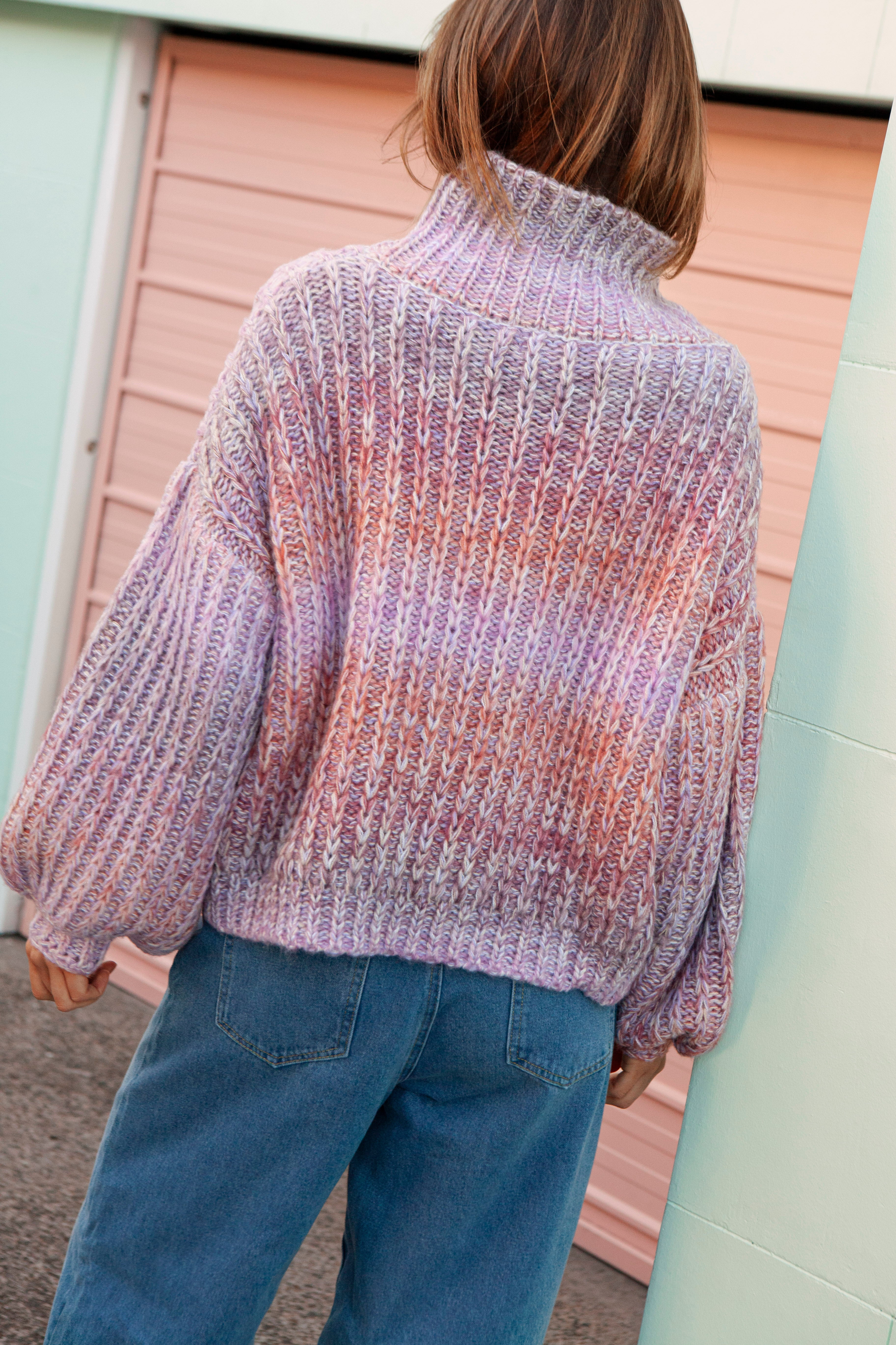 Lavender Dreams Knit - rear view showcasing chunky knit and lavender colourway