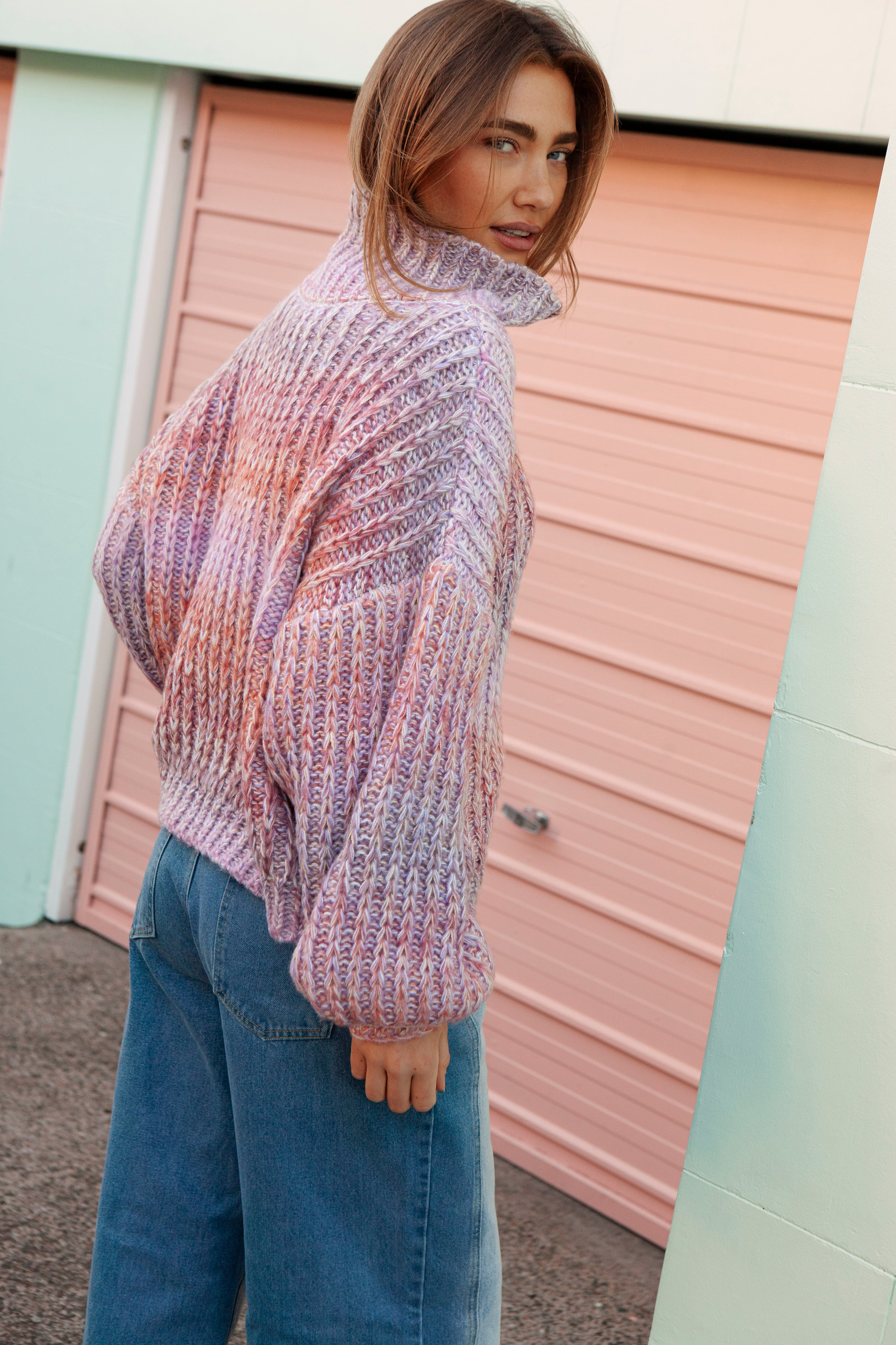 Lavender Dreams Knit - side view showcasing balloon sleeves.
