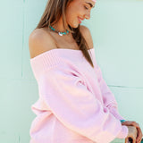 Light pink sweater - oversized fit and off the shoulder style. Leilani Off Shoulder Knit Candy Pink
