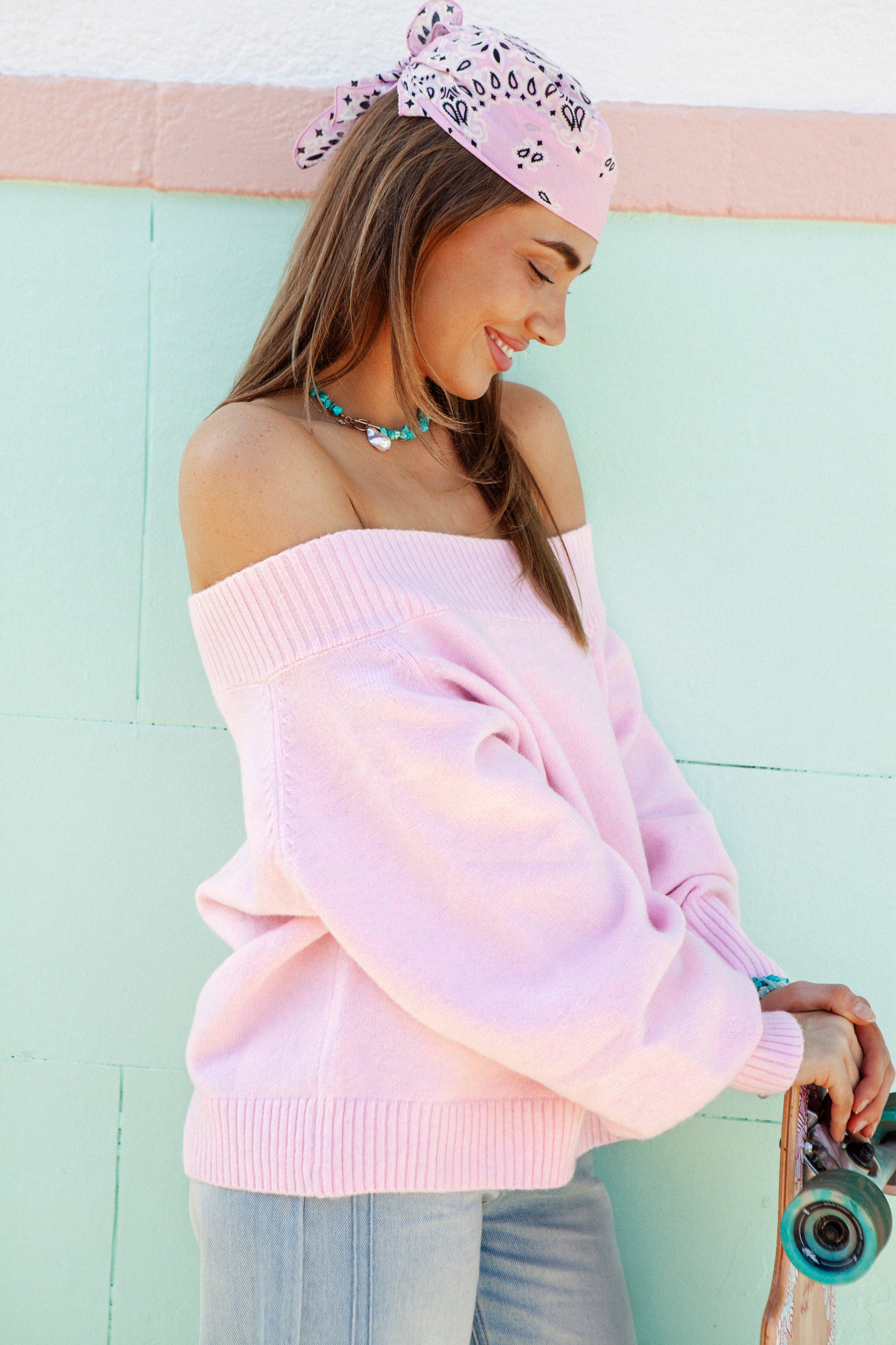 Light pink sweater - oversized fit and off the shoulder style. Leilani Off Shoulder Knit Candy Pink