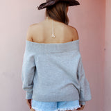 Leilani Off Shoulder Knit Oatmeal. Rear view showcasing off-shoulder style.
