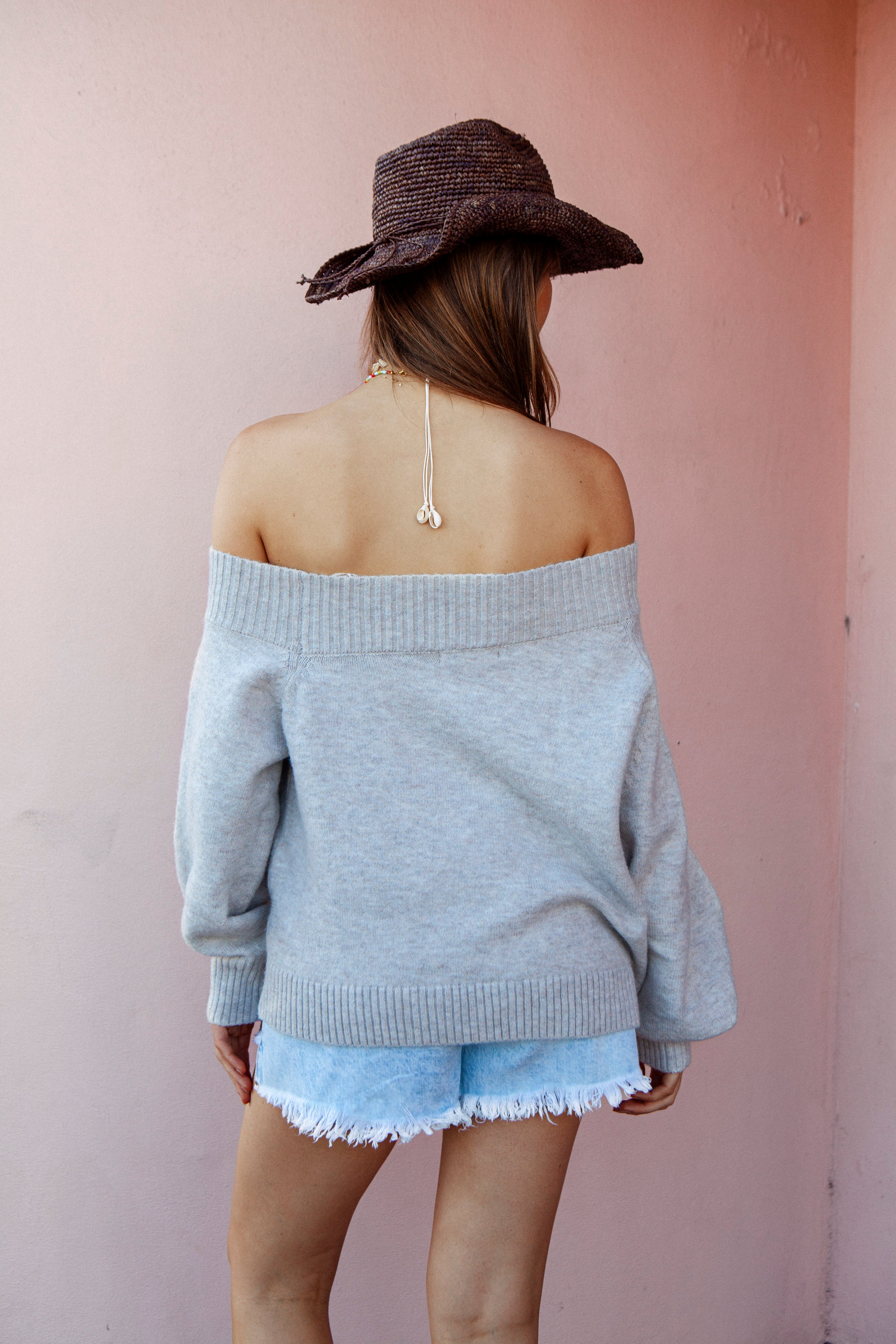 Leilani Off Shoulder Knit Oatmeal. Rear view showcasing off-shoulder style.
