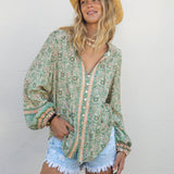 Les Fleur Blouse Sage Paisley featuring button down style, long sleeves and elasticised cuff